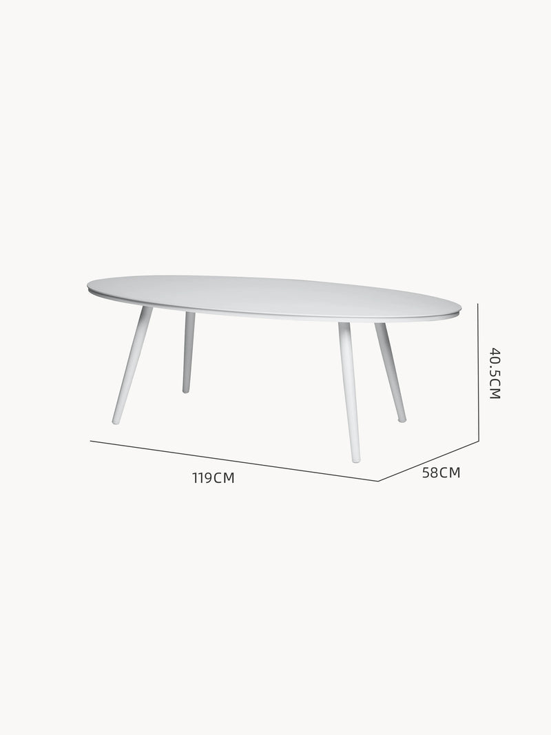 Leiden Ovaler ausgehöhlter Couchtisch-Aluminium Pulverbeschichtung-Weiß zeigt einen eleganten, ovalen Couchtisch mit stabilen Beinen, passend für stilvolle, modulare Outdoor-Möbel von Finqa GmbH.