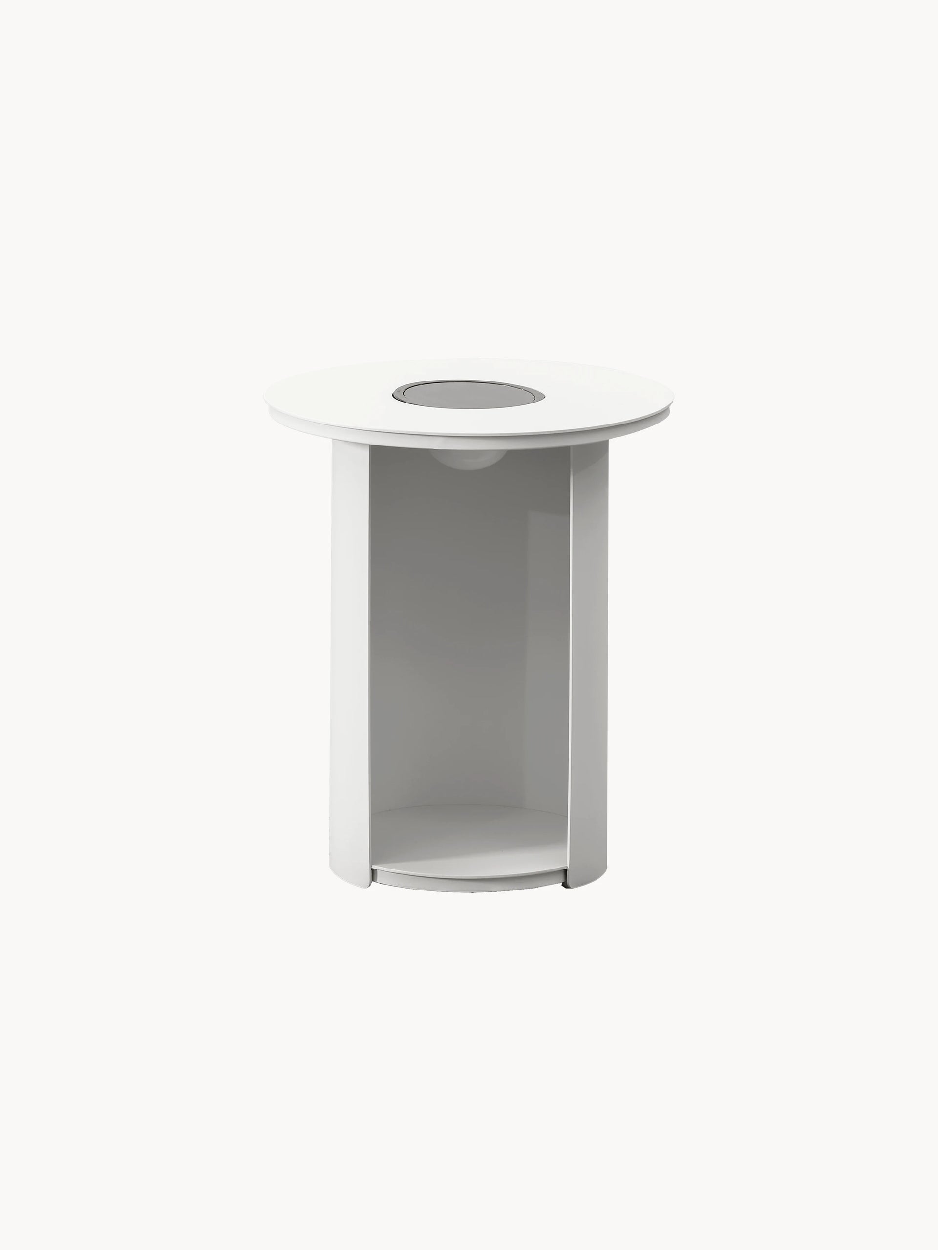 Baden-Baden Multifunktionale Runder Couchtisch mit Solarlicht, minimalistisches Design, zylindrisch mit offenem Stauraum und eingelassenem Ring auf der Oberfläche. Perfekt als stilvolle, funktionale Ergänzung für moderne Außenbereiche.