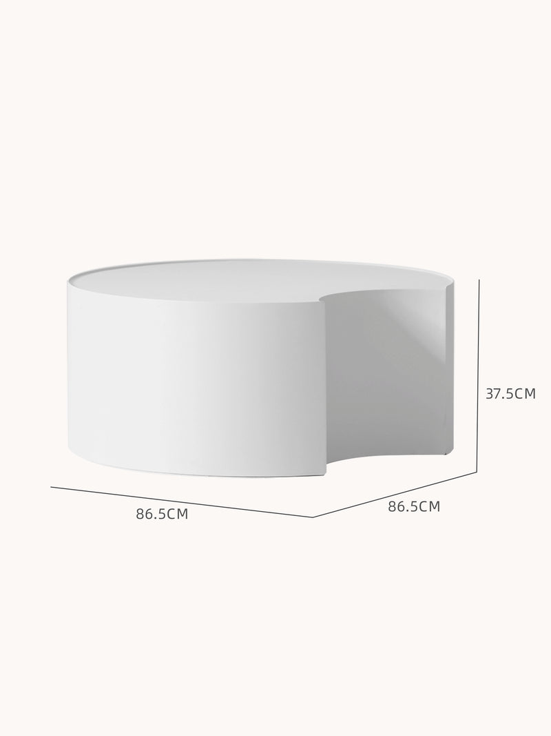Speyer Crescent Couchtisch - Aluminium pulverbeschichtet-Weiß: Moderner, zylindrischer Tisch mit seitlichem Ausschnitt, misst 86,5 cm Breite und Tiefe, 37,5 cm Höhe, ideal für stilvolle, flexible Outdoor-Gestaltung.
