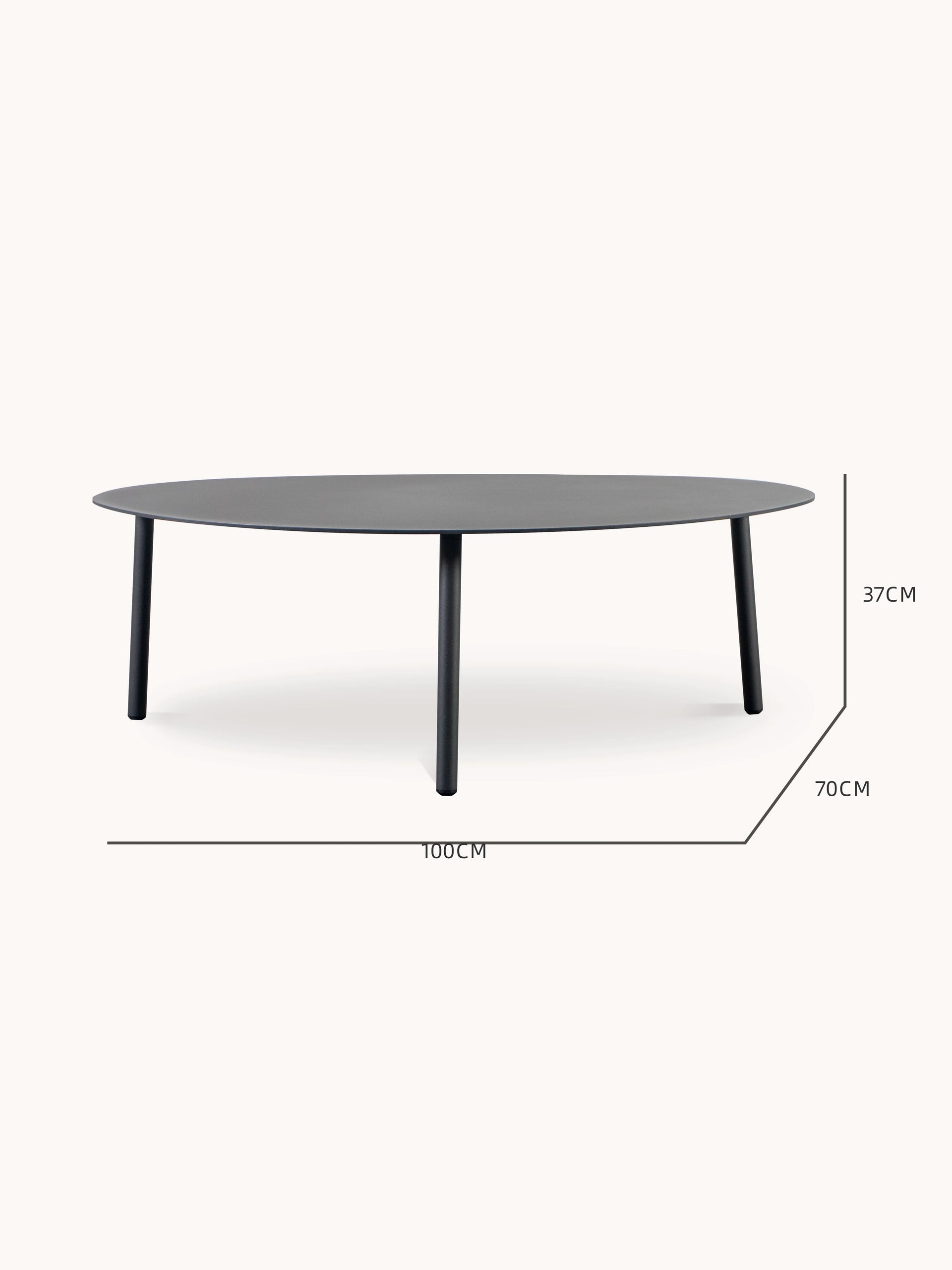 Valencia-L Lounge Beistelltisch, eiförmig, mit Aluminium-Pulverbeschichtung, 100/70/34 cm, zeigt elegante Kurven und organische Formen, inspiriert von Valencias Küstenlandschaft, auf drei zylindrischen Beinen.
