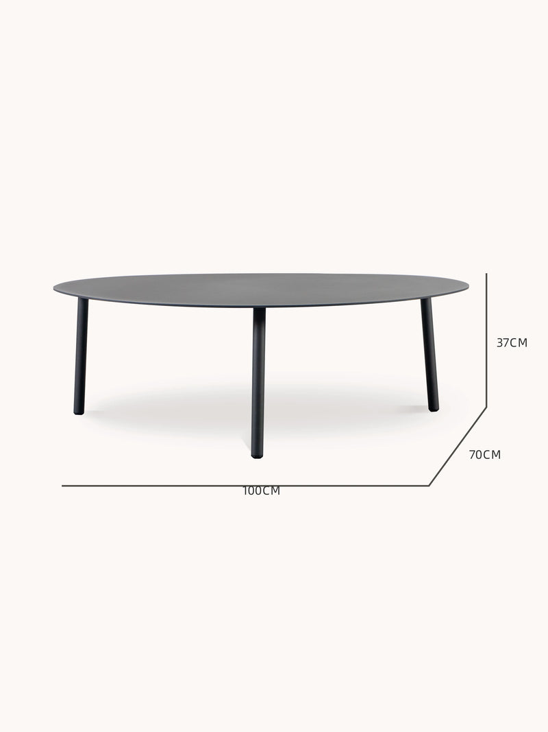 Valencia-L Lounge Beistelltisch, eiförmig, mit Aluminium-Pulverbeschichtung, 100/70/34 cm, zeigt elegante Kurven und organische Formen, inspiriert von Valencias Küstenlandschaft, auf drei zylindrischen Beinen.