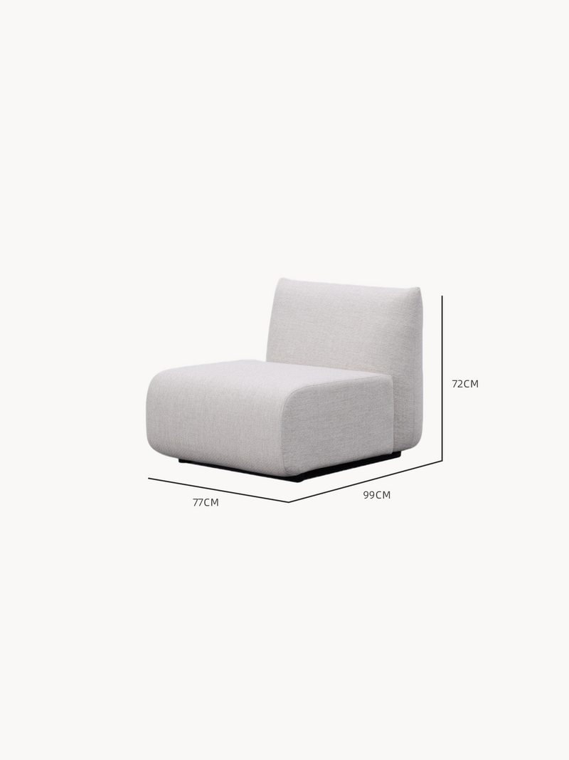 BabyMax Einzelartikel (Ohne Armlehnen) zeigt einen modularen Lounge-Sessel mit abgerundeten Kanten, 77 cm tief, 99 cm breit und 72 cm hoch, ideal für flexible, stilvolle Outdoor-Gestaltungen bei Finqa GmbH.