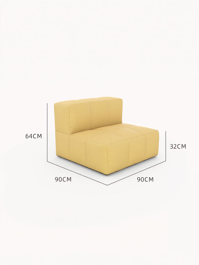 Einzelner Marshmallow Bonbon Einzelsitz: modularer, blockförmiger Sessel in Senfgelb, 90 cm breit und tief, 32 cm Sitzhöhe, inspiriert von Marshmallows, bietet Komfort und Flexibilität für individuelle Outdoor-Lounges.