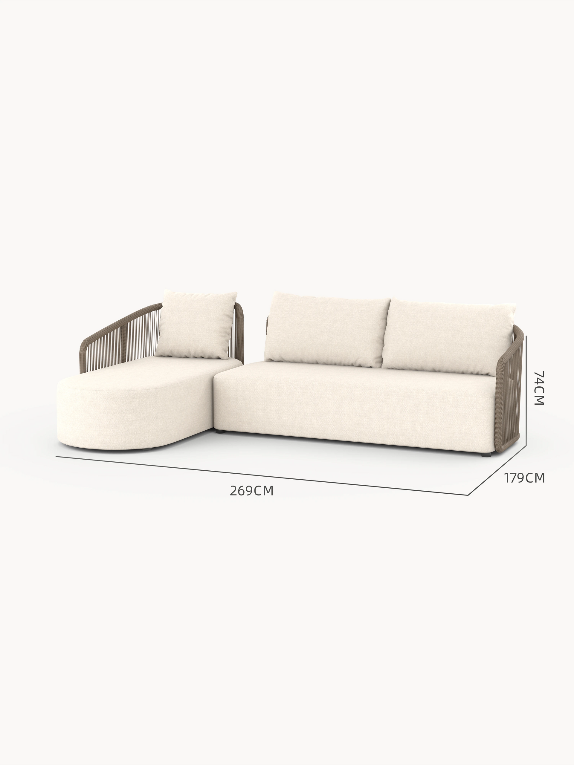 Kapalai Garten Loungesofa Set (4-Sitzer), modernes L-förmiges Design mit taupefarbenem Seildetail, Gesamtmaße: 269 cm Länge, 179 cm Tiefe, 74 cm Höhe, ideal für stilvolle Entspannung im Freien.