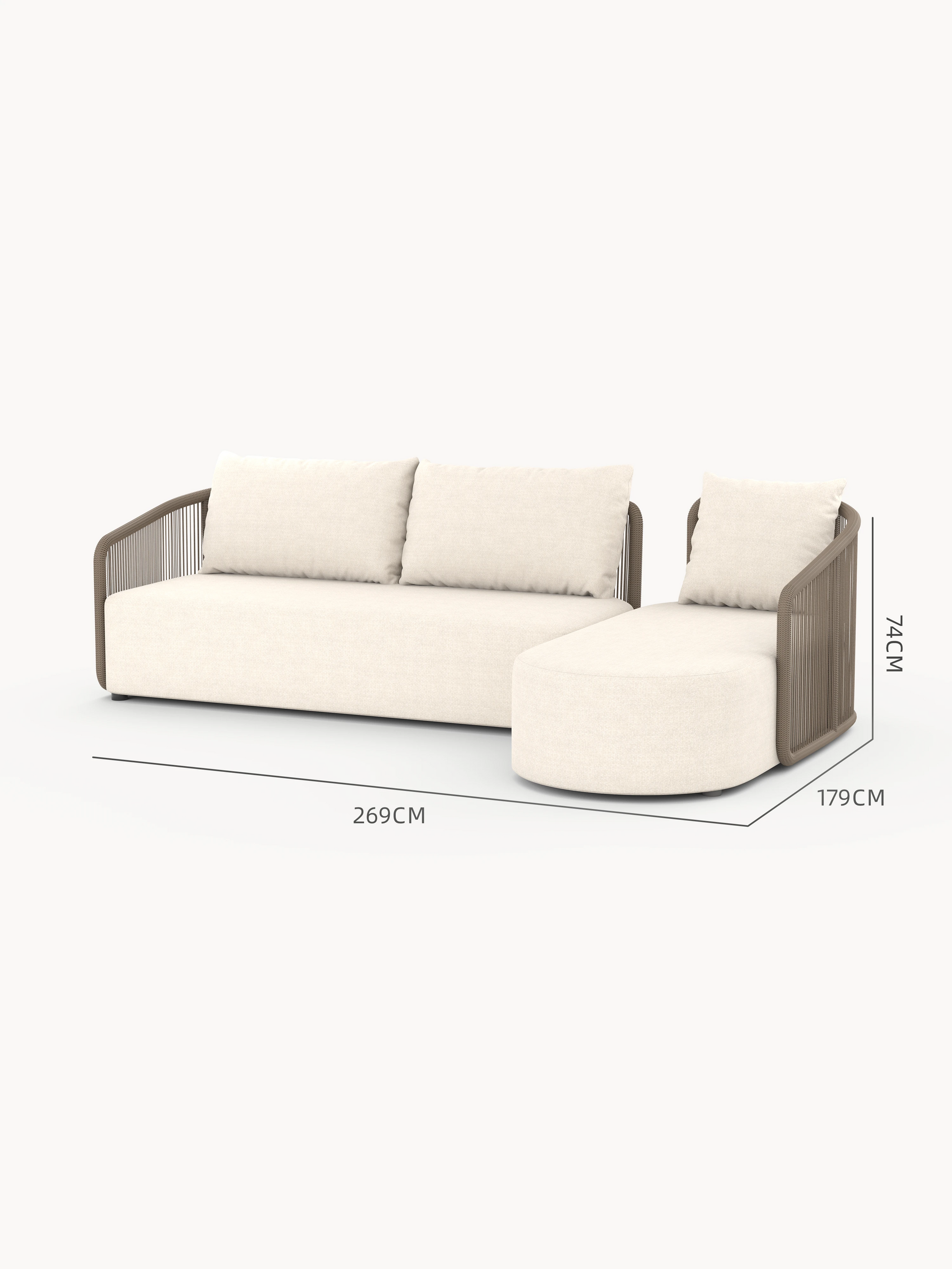 Kapalai Garten Loungesofa Set (4-Sitzer) in L-Form mit beigen Polstern, taupefarbenen Seil-Akzenten an Armlehnen, loser Rückenpolsterung, ideal für stilvolle, modulare Outdoor-Gestaltung und entspannte Gartenmomente.