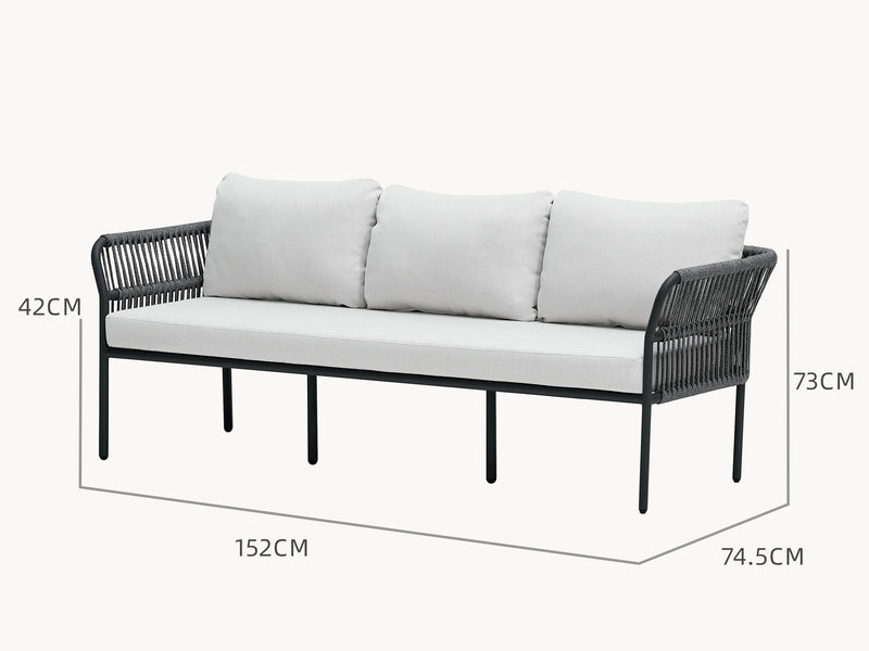 Malaga 2-Sitzer Gartensofa mit einer Armlehne aus pulverbeschichtetem Aluminium und wetterfestem Olefin-Stoff, ausgestattet mit handgefertigten Zugbändern für stilvolle und sichere Terrassenmöbelgestaltung.