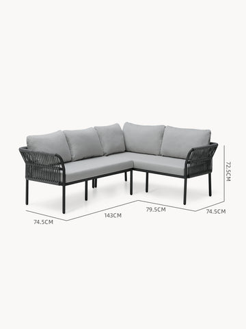 Malaga Garten Ecklounge Set (4-Sitzer) mit schwarzem Metallrahmen, gewebten Seil-Armlehnen, hellgrauen Kissen. L-förmiges Design, ideal für flexible Terrassengestaltung.