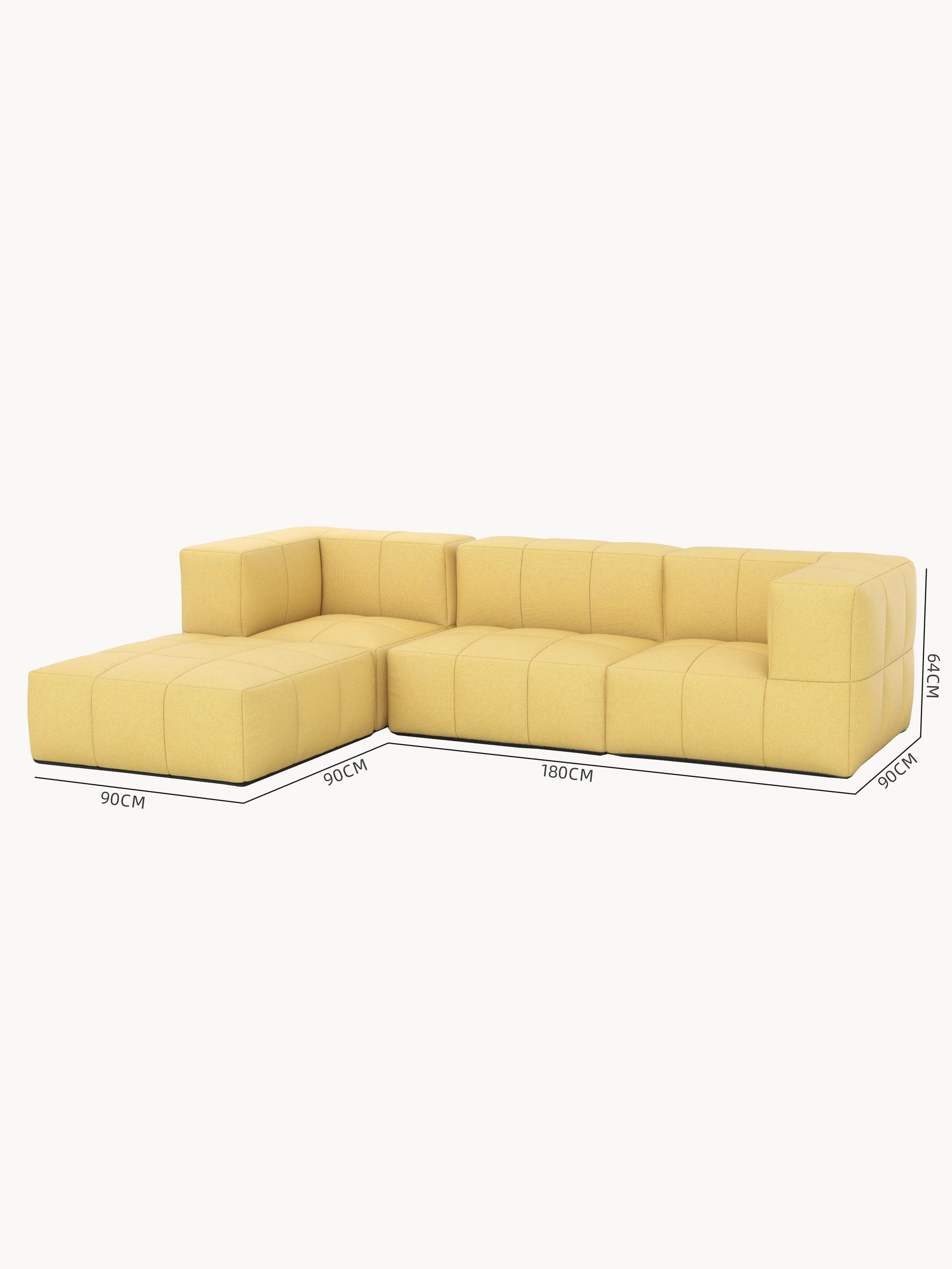 Das Bild zeigt das Babymax 4er-Set, ein L-förmiges, modernes modulares Sofa mit quadratisch getufteten Sitzmodulen und Chaiselongue, ideal für stilvolle, nachhaltige Außenbereiche. Abmessungen: 180 cm Länge, 90 cm Tiefe.