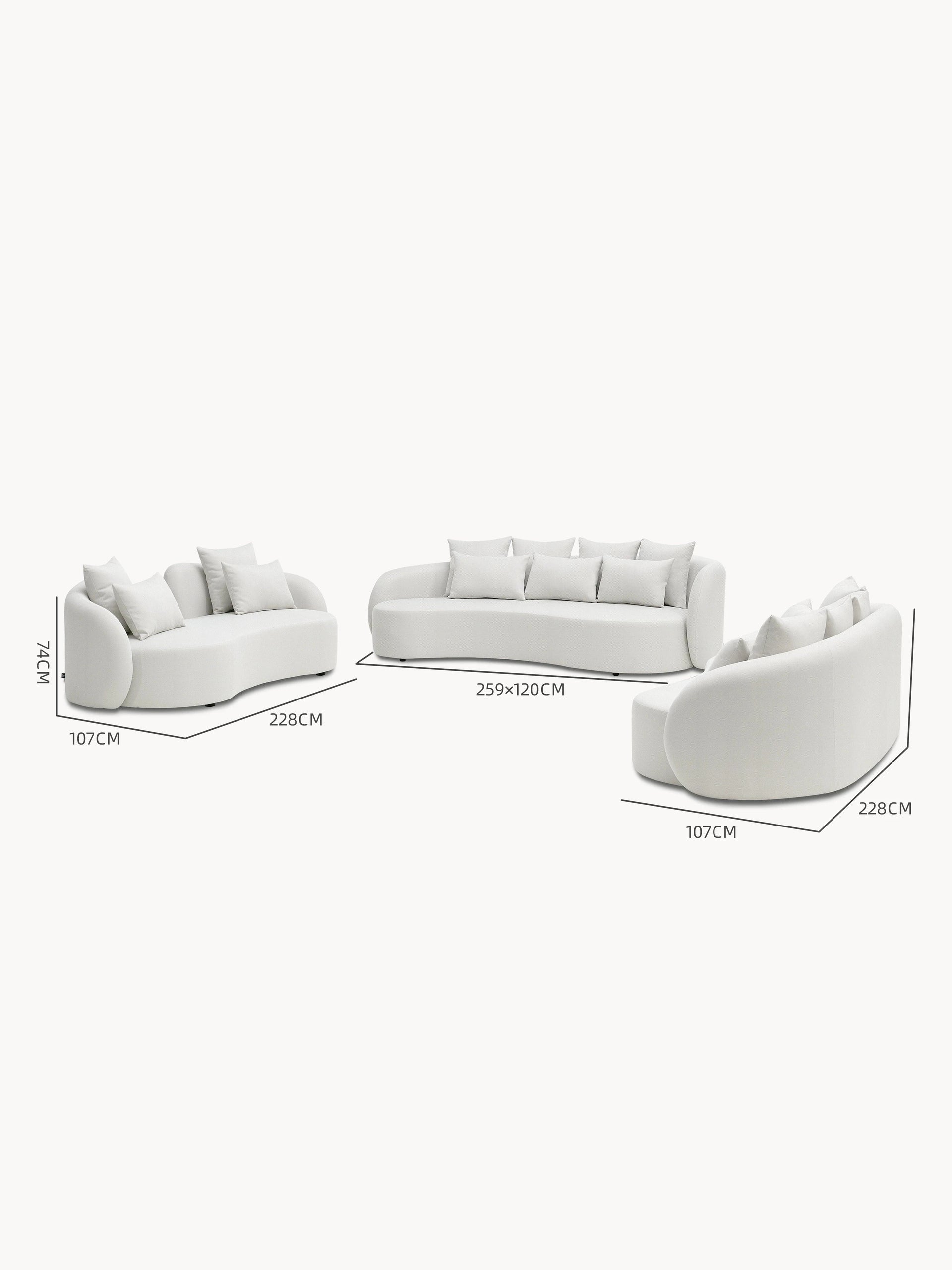 Santorini Garten Loungesofa Set (8-Sitzer) in Weiß, zeigt drei modulare Teile: linkes, mittleres und rechtes Modul, mit geschwungenem Design und losen Rückenkissen, ideal für flexible, stilvolle Outdoor-Gestaltung.