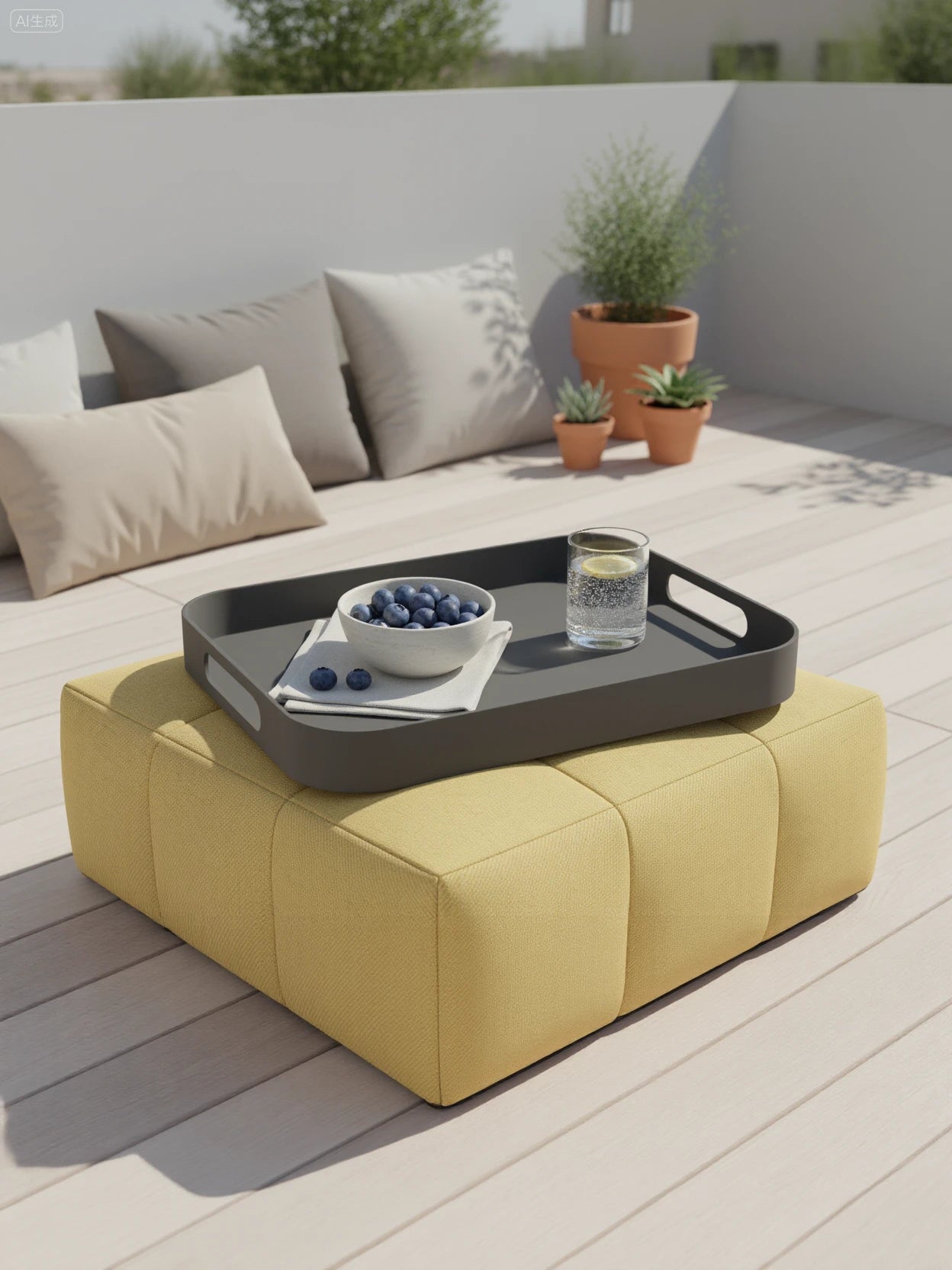Das Bild zeigt das Palanga Tablett auf einem gelben Pouf, mit einer weißen Schale voller Blaubeeren und einem Glas Sprudelwasser darauf, ideal für stilvolles, modulares Outdoor-Design.