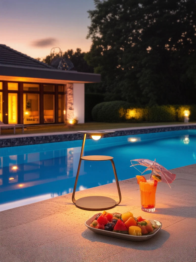 Ronda Multifunktionale Solar Gartenlampe und Koffee Tisch aus Aluminium pulverbeschichtet in Kohle neben einem beleuchteten Pool, spiegelt elegantes, nachhaltiges Design und Funktionalität von Finqa GmbH wider.