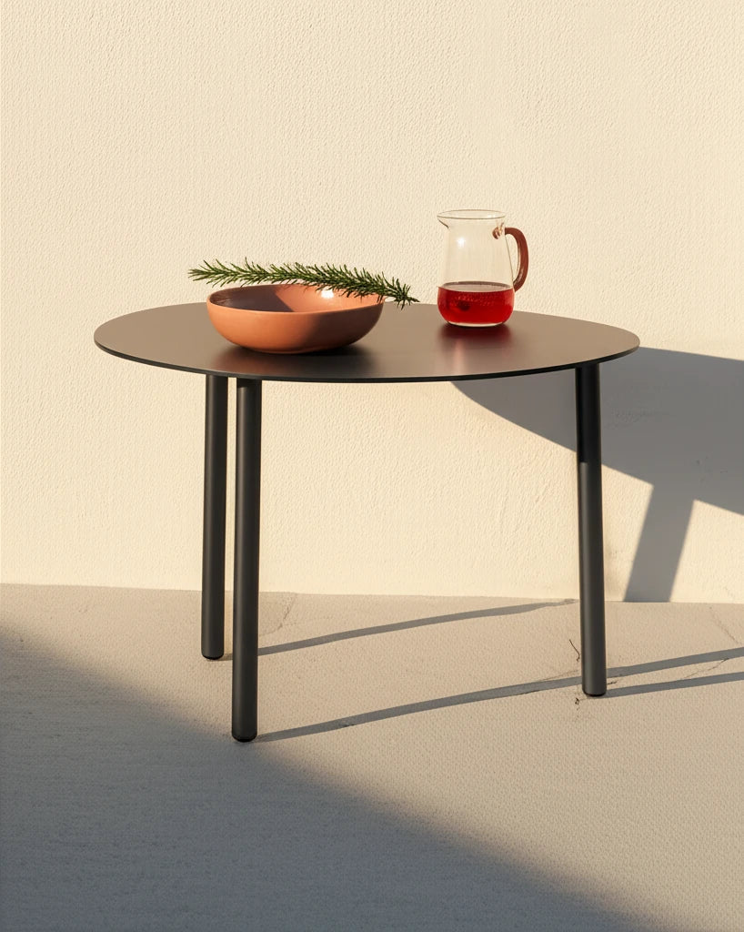 Valencia-S Lounge Beistelltisch, eiförmig, Aluminium-Pulverbeschichtung. Dunkelmetall mit drei Beinen, darauf Schale mit Zweig und Glaskrug. Sonnenlicht wirft Schatten auf Boden und Wand.
