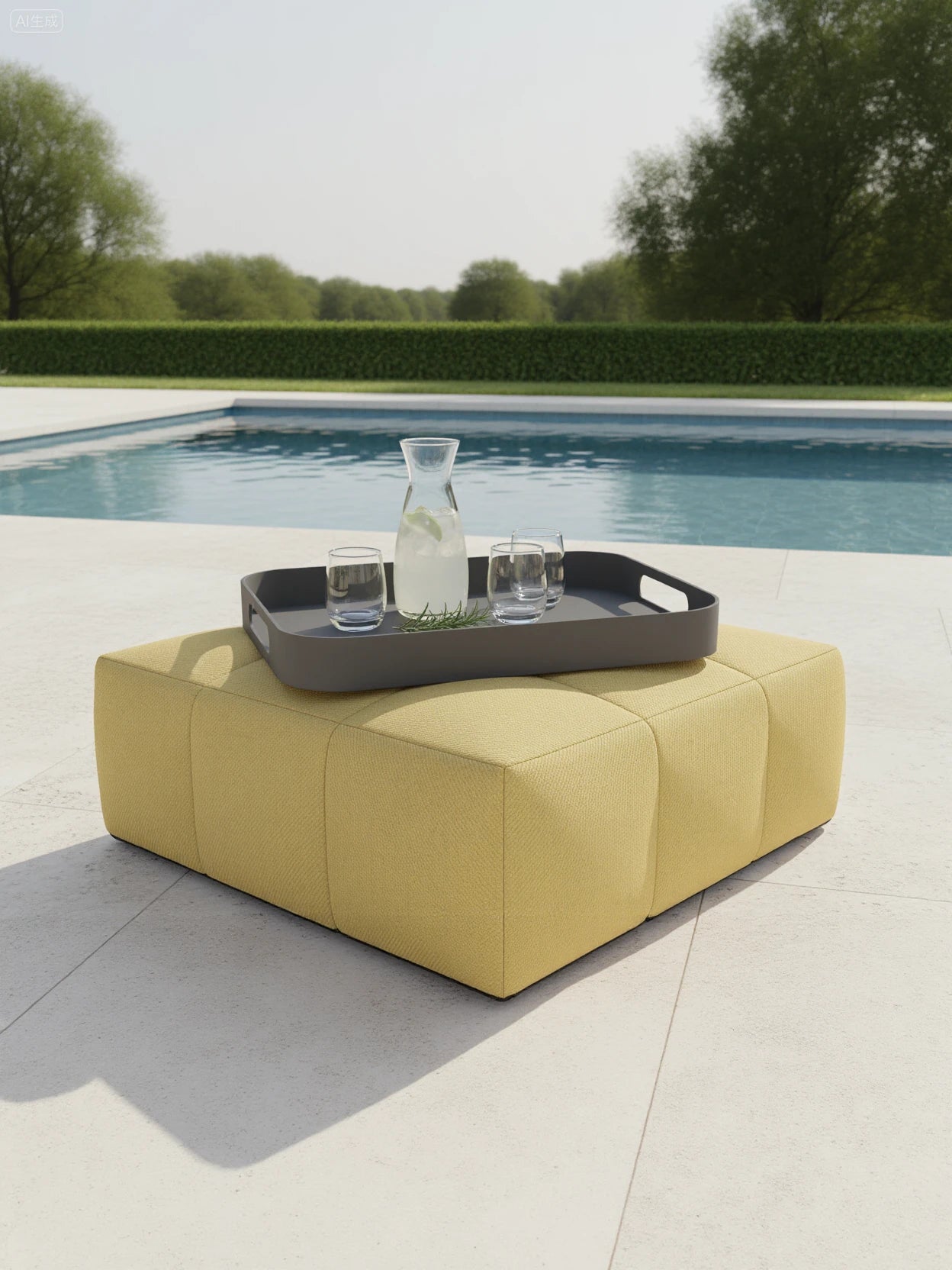 Palanga Tablett auf quadratischem, getuftetem Outdoor-Hocker, dekoriert mit einer Glaskaraffe, Zitronenscheiben und Gläsern. Perfekt für stilvolle, wetterfeste Terrassen von Finqa GmbH.