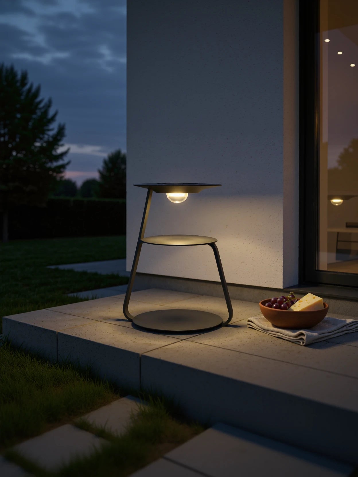 Die Ronda Multifunktionale Solar Gartenlampe und Koffee Tisch beleuchtet sanft den Patio, kombiniert Funktionalität und Design, um eine einladende, entspannende Atmosphäre im Außenbereich zu schaffen.