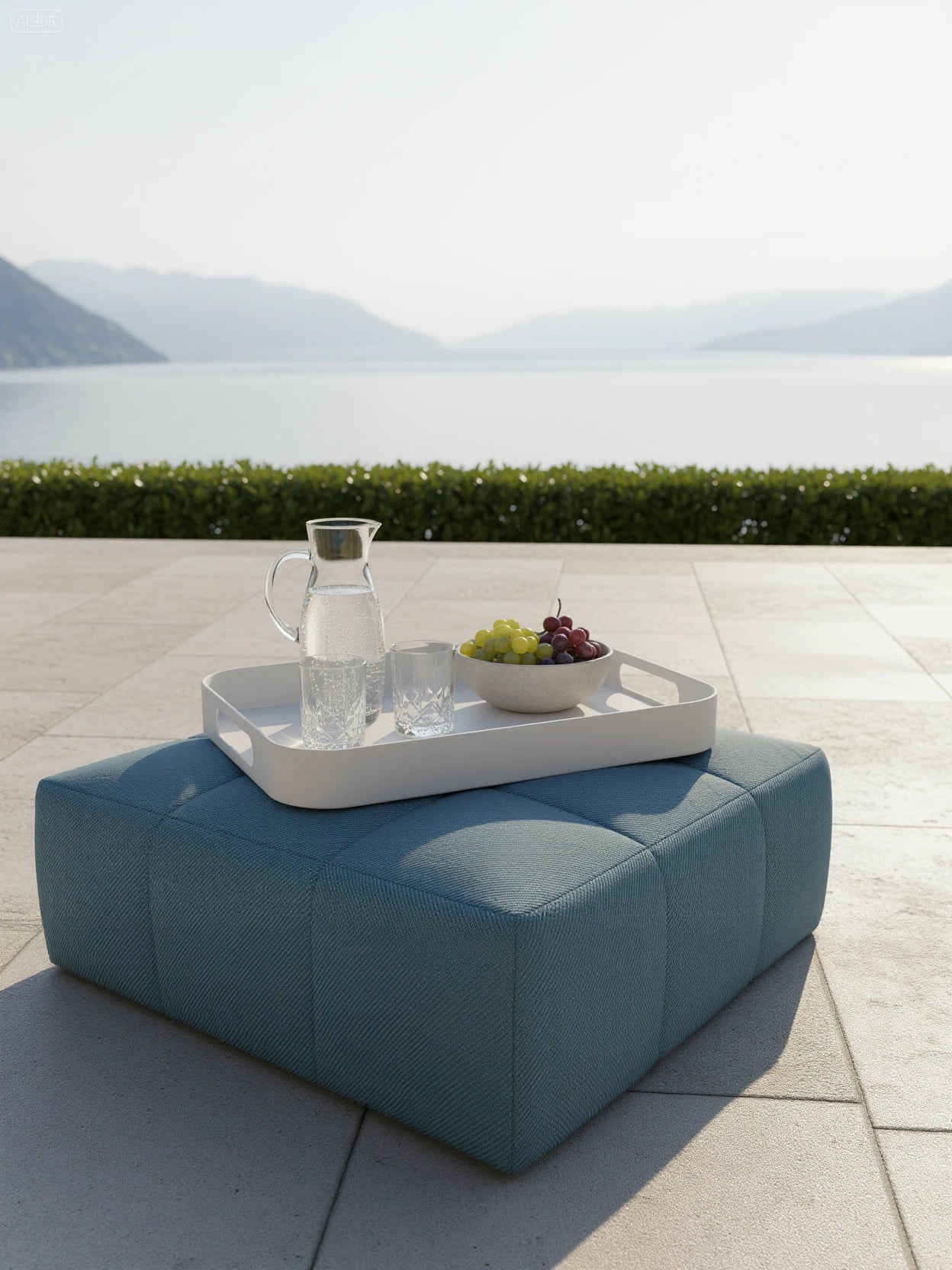 Palanga Tablett auf einem blauen, gesteppten Pouf. Das Tablett aus Aluminiumlegierung trägt einen Wasserkrug, zwei Gläser und eine Schale mit Trauben, ideal für stilvolle Outdoor-Terrassen von Finqa GmbH.