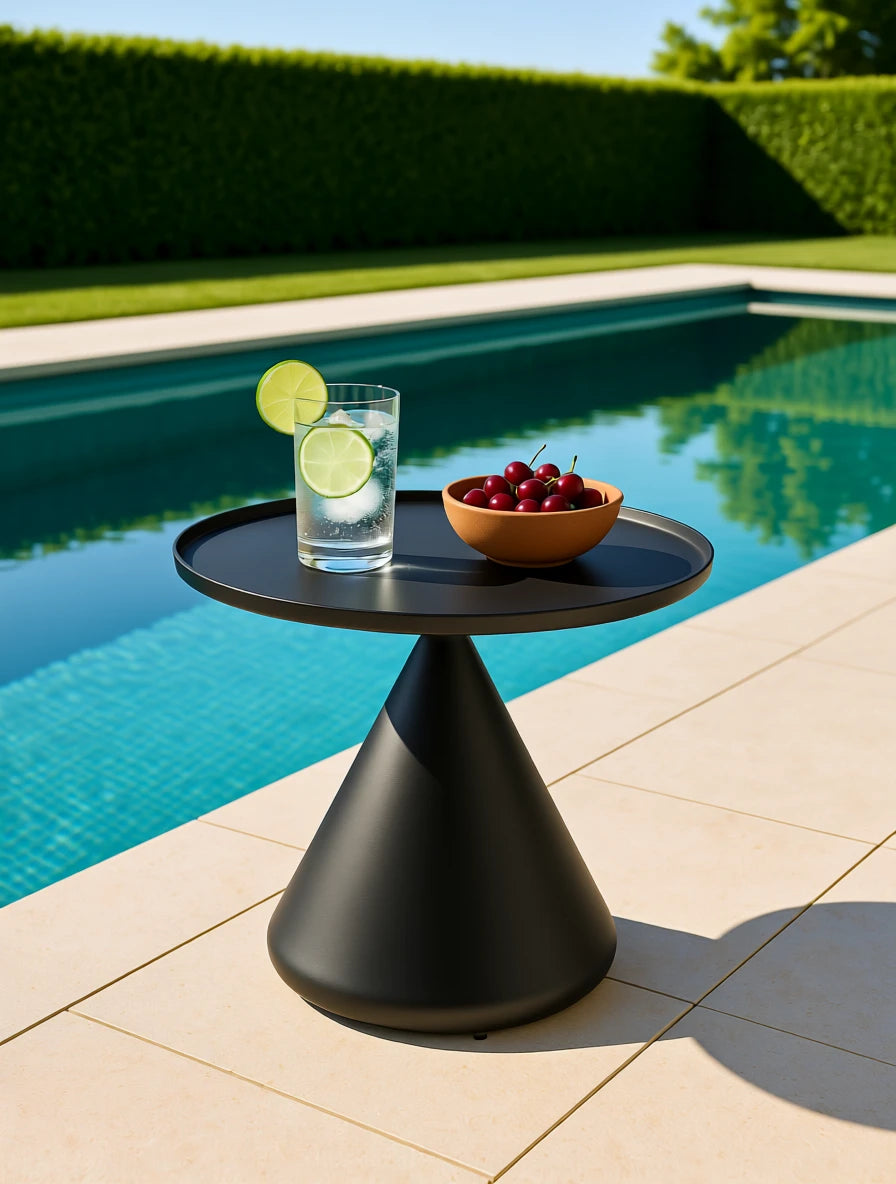 Keukenhof Spitz zulaufender Couchtisch mit gerollten Kanten, modern und elegant, steht auf einer Poolterrasse. Tisch mit Wasserglas, Limetten und Kirschen, ideal für stilvolles, funktionales Outdoor-Wohnen.