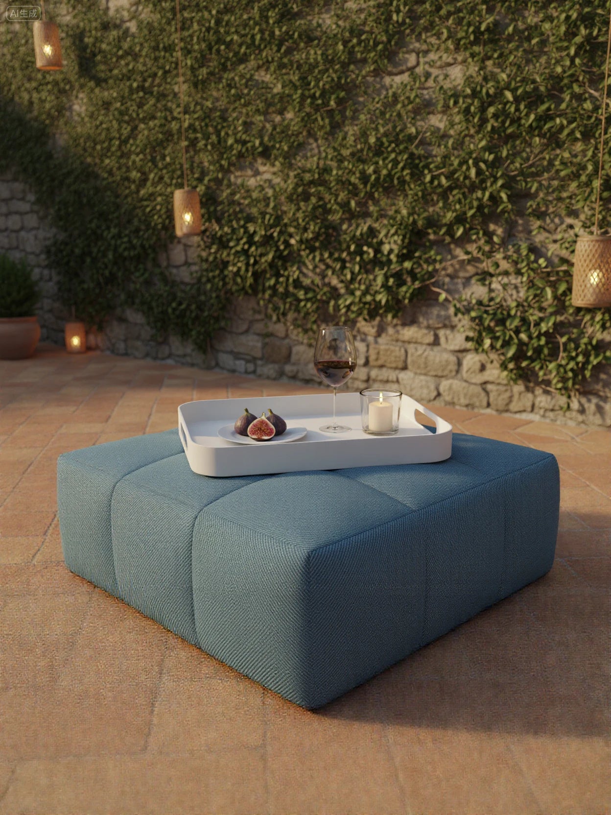 Palanga Tablett auf einem tealfarbenen Pouf im gemütlichen Outdoor-Bereich, mit frischen Feigen, Rotweinglas und Kerze, vor rustikaler Steinwand mit Kletterpflanzen und warm leuchtenden Laternen.
