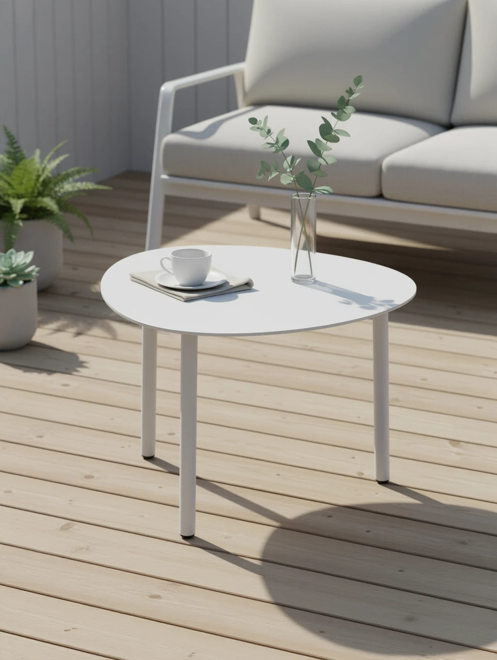 Der Valencia-S Lounge Beistelltisch Aluminium-Pulverbeschichtung Eiförmig-55/45/40 cm steht auf einem minimalistischen, sonnigen Deck neben einer Outdoor-Couch, dekoriert mit einer Tasse und Eukalyptus in einer Vase.