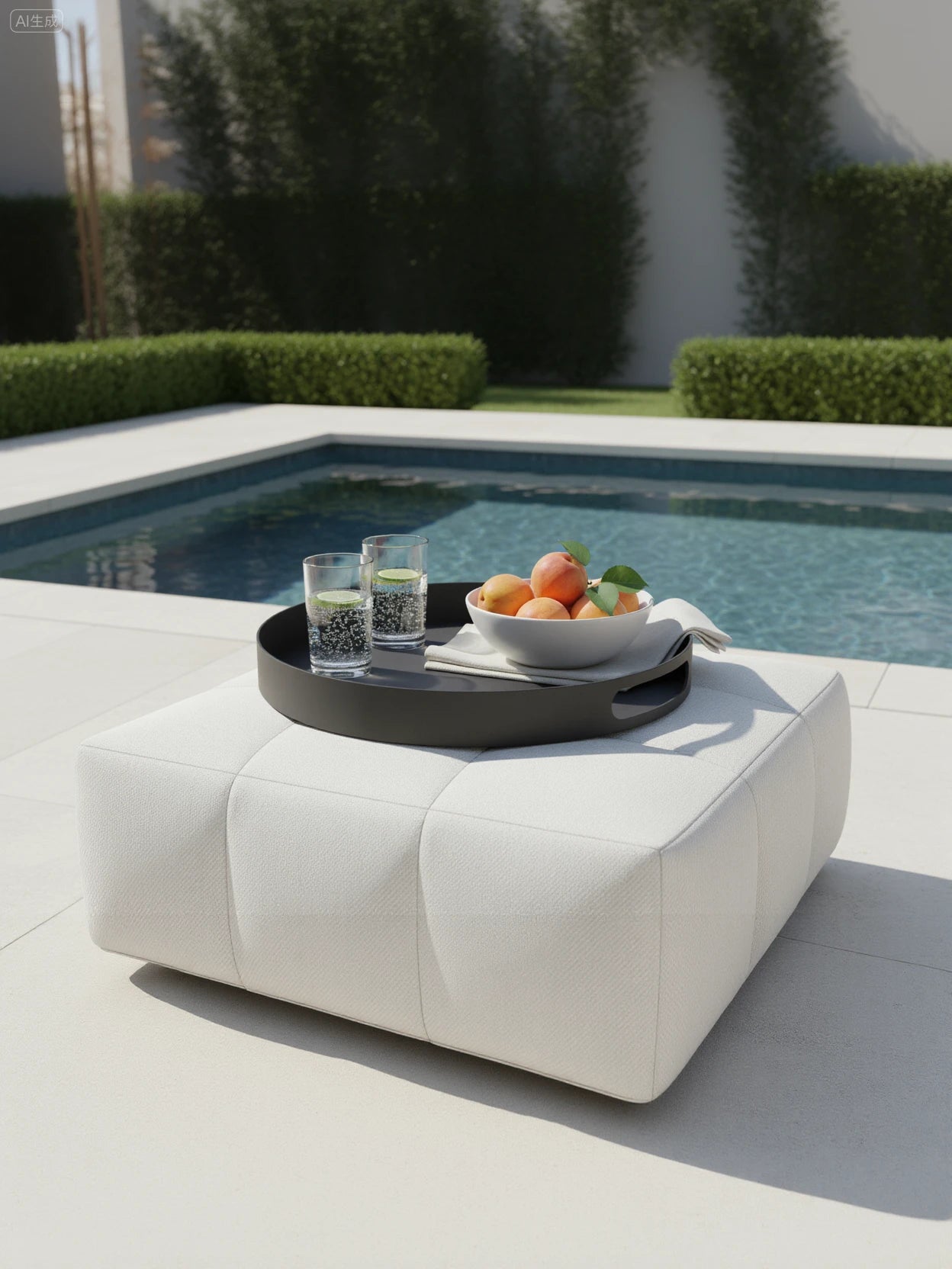 Palanga Tablett aus Aluminiumlegierung auf weißem Ottomane, hält zwei Gläser Sprudelwasser, graue Serviette und Schale mit Steinobst. Perfekt für stilvolle, langlebige Outdoor-Gestaltung von Finqa GmbH.