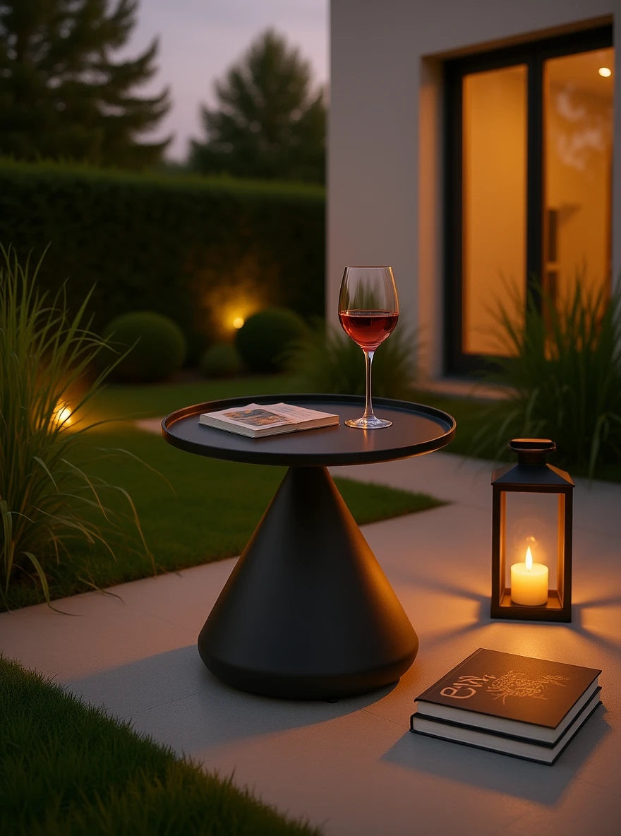 Der Keukenhof Spitz zulaufender Couchtisch mit gerollten Kanten steht im Vordergrund, elegant ergänzt durch ein Buch und ein Weinglas, während eine Laterne und Bücher die gemütliche Atmosphäre verstärken.