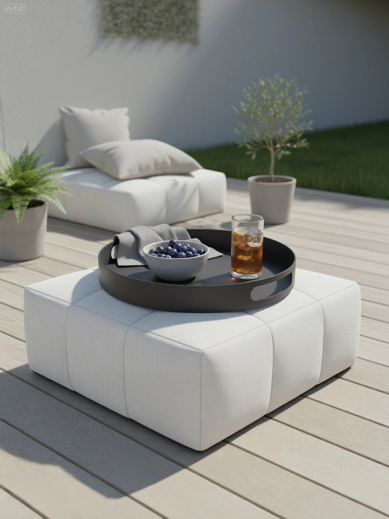 Palanga Tablett auf weißem Stoffpouf, mit Stein-Schale voller Blaubeeren, grauer Stoffserviette und hohem Glas Eistee mit Zitronenscheibe, in elegantem, sonnigem Outdoor-Setup von Finqa GmbH inszeniert.