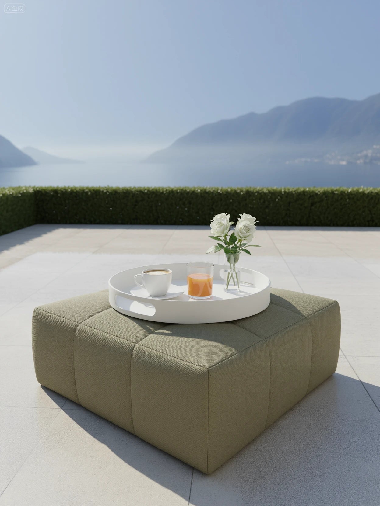 Palanga Tablett auf einem olivgrünen Pouf, mit einer Tasse Kaffee, einem Glas Orangensaft und einem kleinen Vase mit weißen Rosen, auf einer minimalistischen Terrasse mit Seeblick.