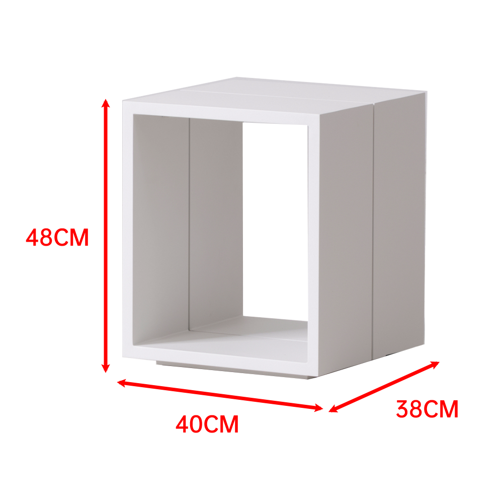 Finqa Sevilla Lounge Beistelltisch Aluminium-Pulverbeschichtung Rechteckig, offener weißer Würfel, 48 cm hoch, 40 cm breit, 38 cm tief, vielseitig für Bücher, Getränke oder Blumenarrangements.