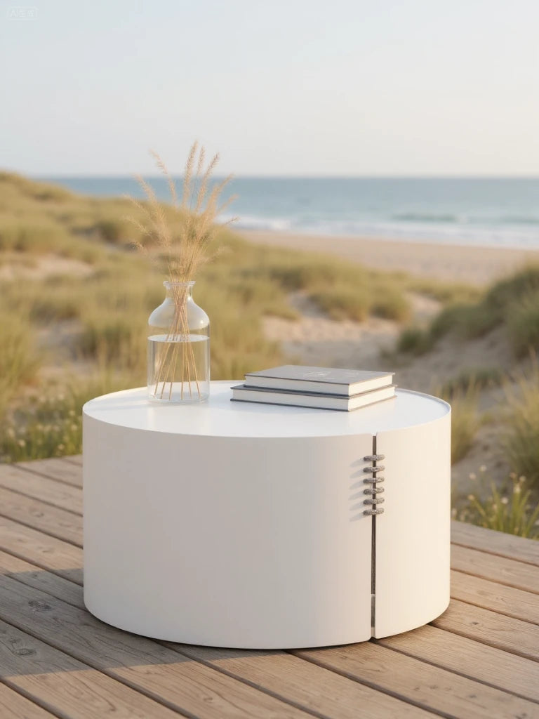 Speyer Säule Runder Couchtisch aus weiß pulverbeschichtetem Aluminium auf einer Holzterrasse am Meer, mit einer klaren Glasvase und zwei Büchern darüber. Ideal für stilvolle, modulare Outdoor-Einrichtungen.
