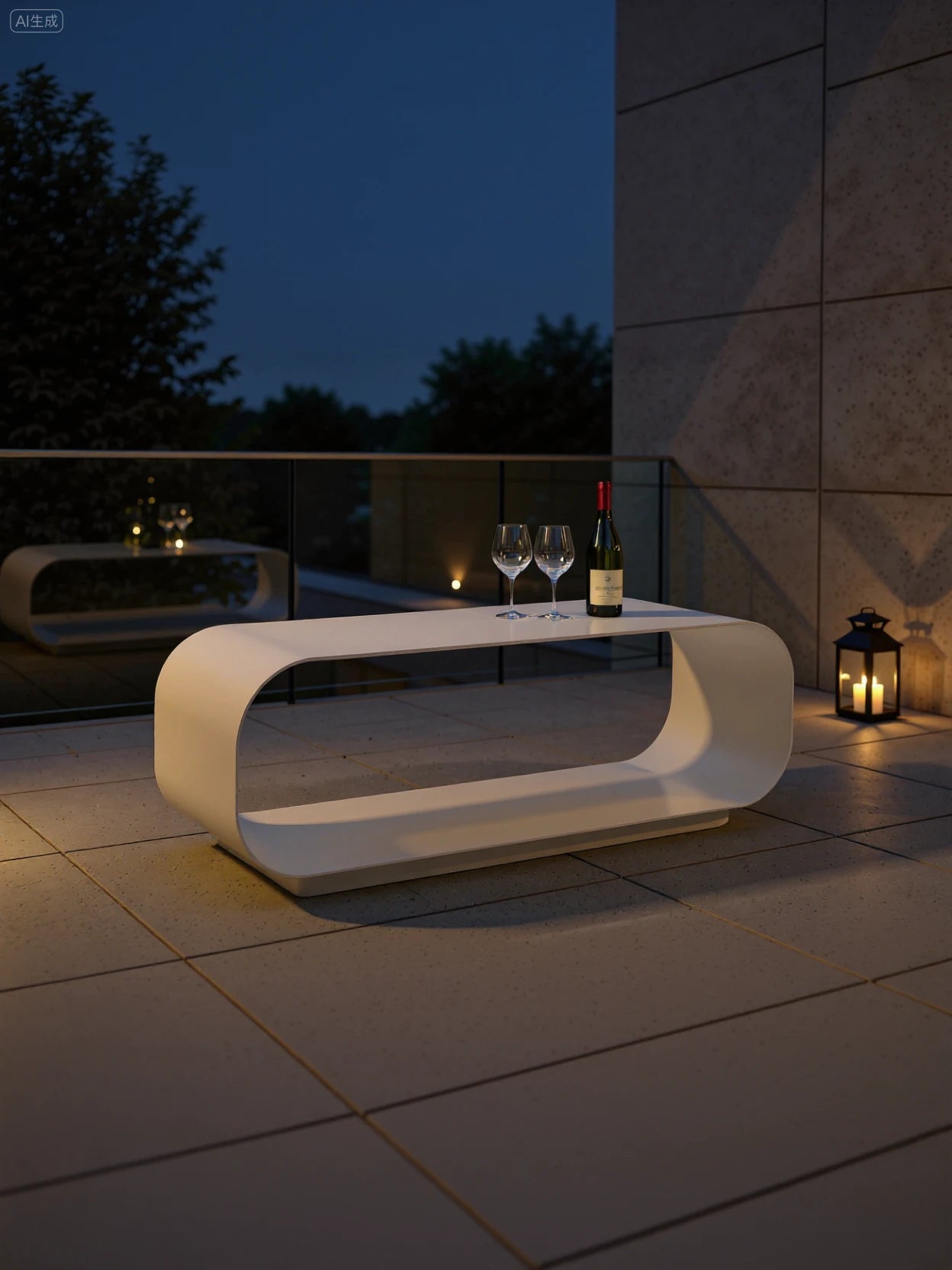 Leiden Ovaler ausgehöhlter Couchtisch auf einer modernen Terrasse bei Dämmerung; mit zwei leeren Weingläsern, einer Weinflasche und einer beleuchteten Laterne auf einem stilvollen, weißen Tisch.