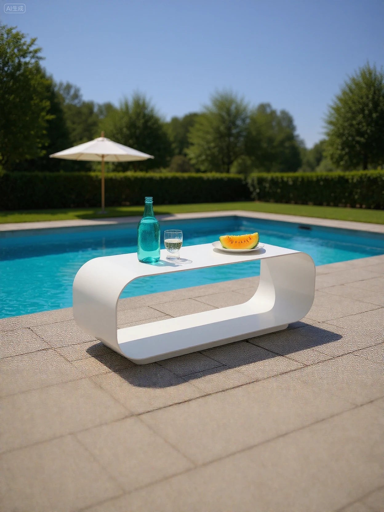Leiden Ovaler ausgehöhlter Couchtisch aus Aluminiumlegierung, minimalistisch und elegant, neben einem Pool platziert, mit einer Wasserflasche, Glas und Melonenscheibe darauf, ideal für stilvolle Außenbereiche.