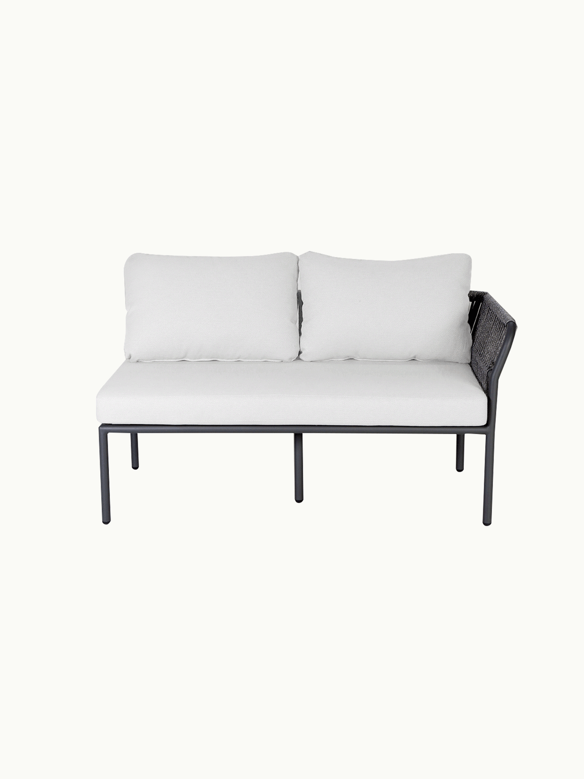 Malaga 3-Sitzer Gartensofa mit zwei Armlehnen, aus pulverbeschichtetem Aluminium mit Olefin-Stoff und handgefertigten Zugbändern, bietet modulares Design und Sicherheit für Terrassen. Ideal für stilvolle, wetterfeste Außenbereiche.