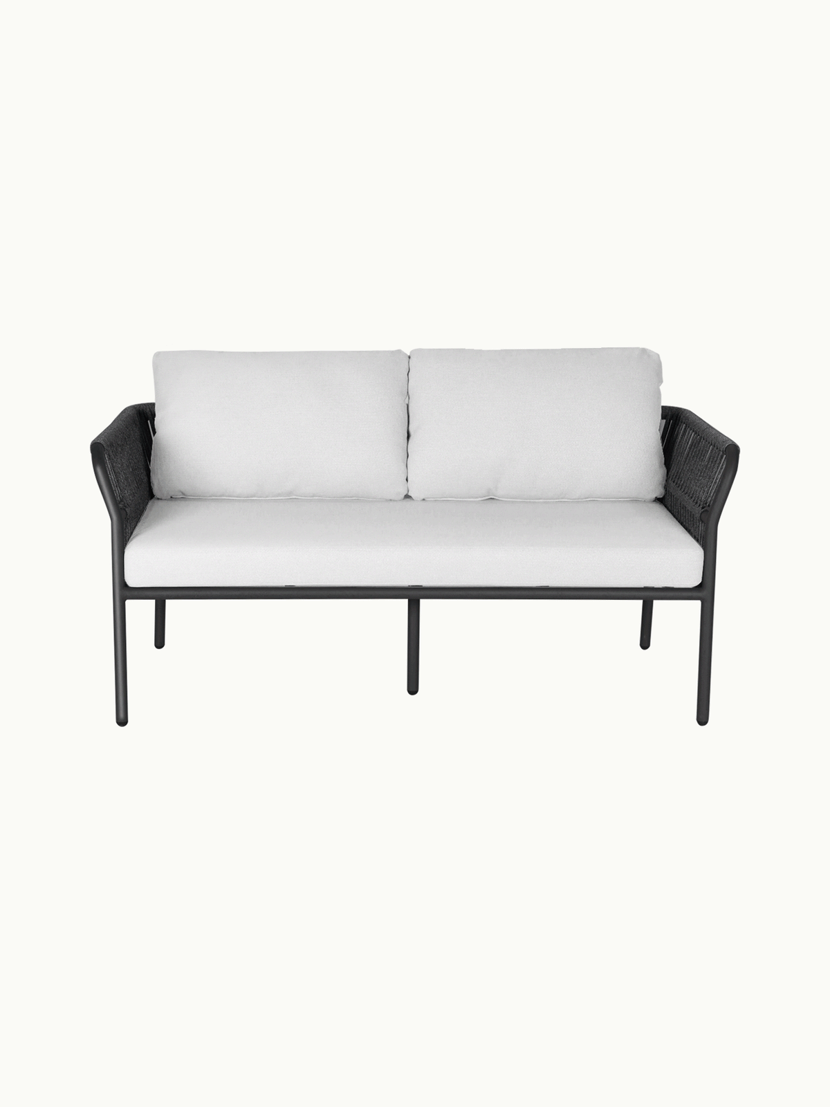 Malaga 3-Sitzer Gartensofa mit zwei Armlehnen aus pulverbeschichtetem Aluminium und wasserfestem Olefin-Stoff, ausgestattet mit handgefertigten Zugbändern für Stil und Komfort auf der Terrasse.