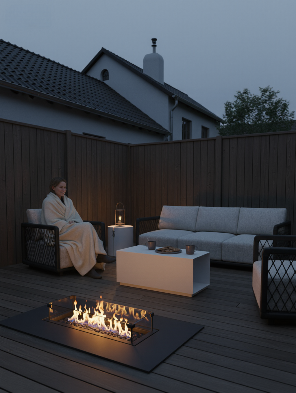 Mykonos Garten Ecklounge Set, 3er-Set auf Holzterrasse mit gemütlichem Sofa und passenden Sesseln aus geflochtenem Rahmen und hellen Kissen, umgeben von einem modernen Feuertisch und stimmungsvollem Licht.