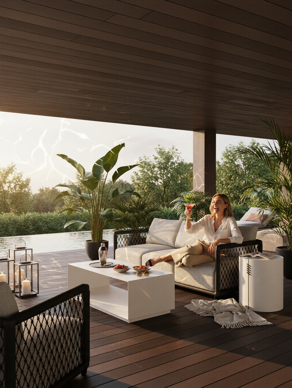 Mykonos Garten Ecklounge Set, 3er-Set: Eine moderne Outdoor-Lounge mit einem gepolsterten Zweisitzer-Sofa und gewebten schwarzen Seitenwänden. Perfekt ergänzt durch einen weißen Couchtisch mit Cocktails und Snacks.