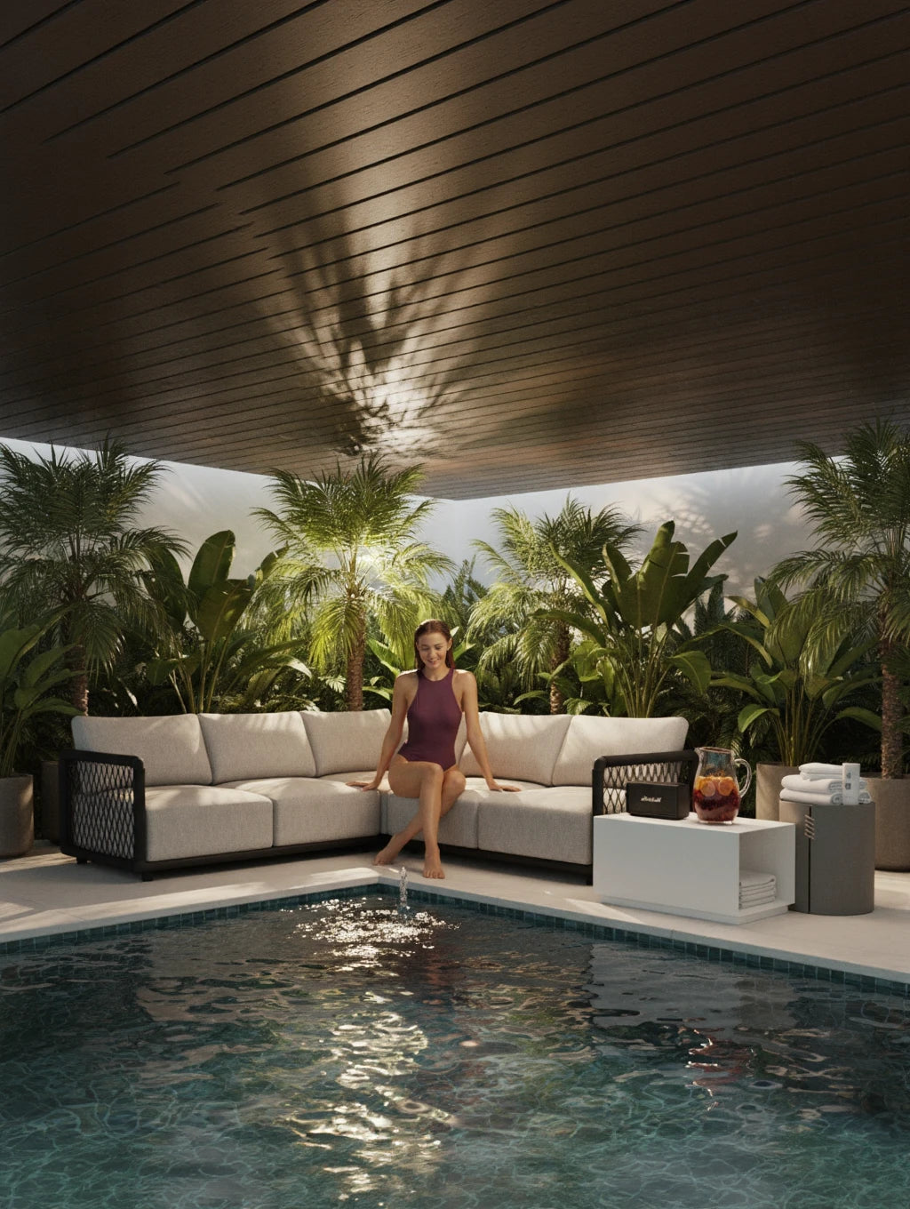 Mykonos Garten Ecklounge Set, 2er-Set: Eine moderne, L-förmige Outdoor-Sofa mit hellgrauer Polsterung, perfekt für entspannte Momente am Pool; kombiniert Design, Komfort und Nachhaltigkeit von Finqa GmbH.