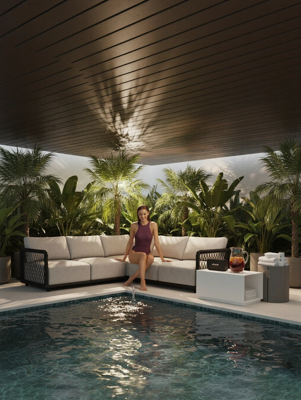 Mykonos Garten Ecklounge Set, 2er-Set: Eine moderne, L-förmige Outdoor-Sofa mit hellgrauer Polsterung, perfekt für entspannte Momente am Pool; kombiniert Design, Komfort und Nachhaltigkeit von Finqa GmbH.