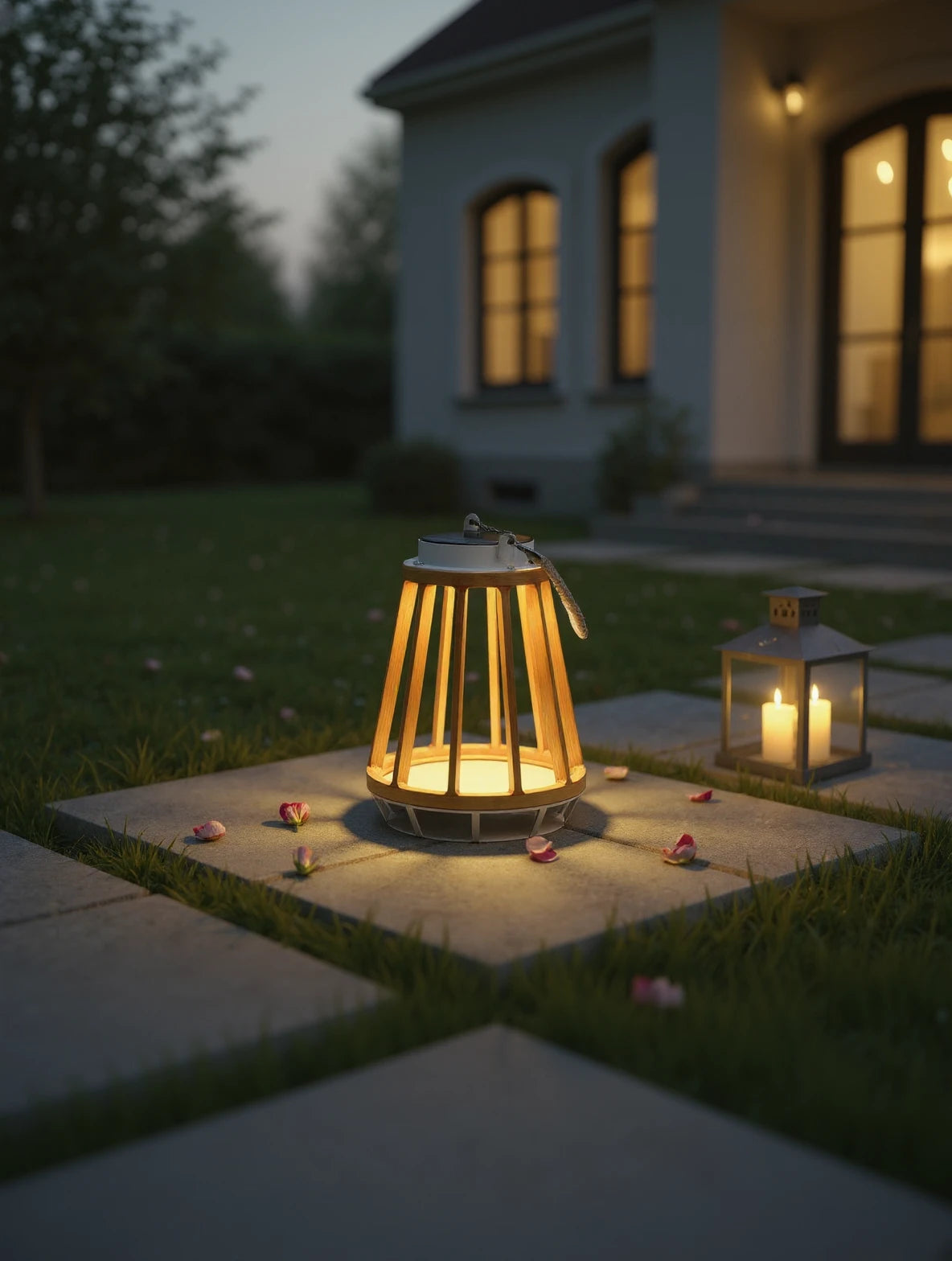 Solar Garten Lampe Aluminium Teakholzimitation leuchtet warm in einem abendlichen Garten, umgeben von Blumenblättern auf Steinplatten, mit zusätzlicher Kerzenlaterne im Hintergrund, ideal für entspannende Außenbereiche.