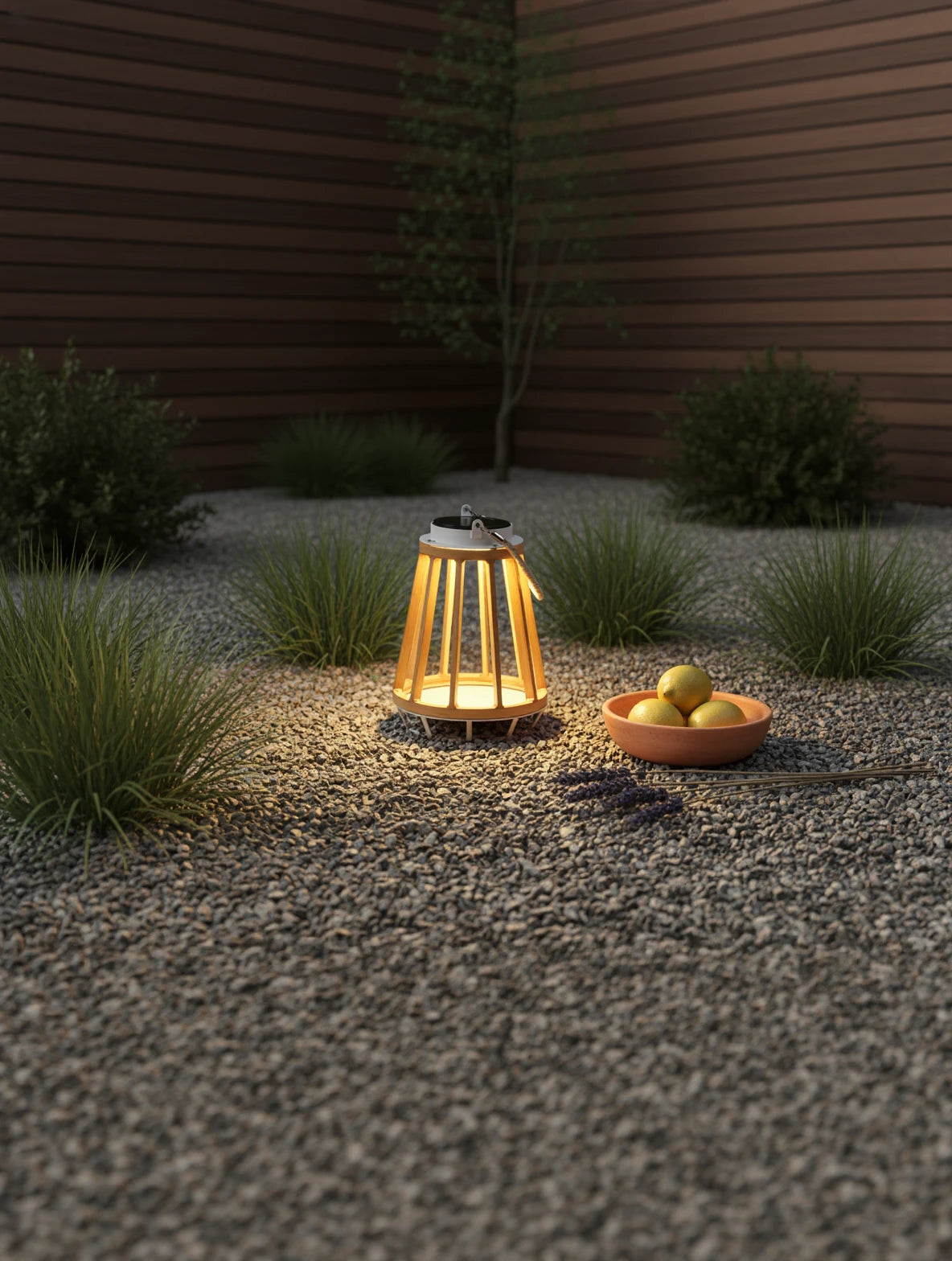 Solar Garten Lampe Aluminium Teakholzimitation in einem minimalistischen Gartenbeet, strahlt warmes Licht durch ihr Holzrahmendesign, umgeben von Ziergräsern und Zitrusfrüchten, ideal für stimmungsvolle Outdoor-Bereiche.