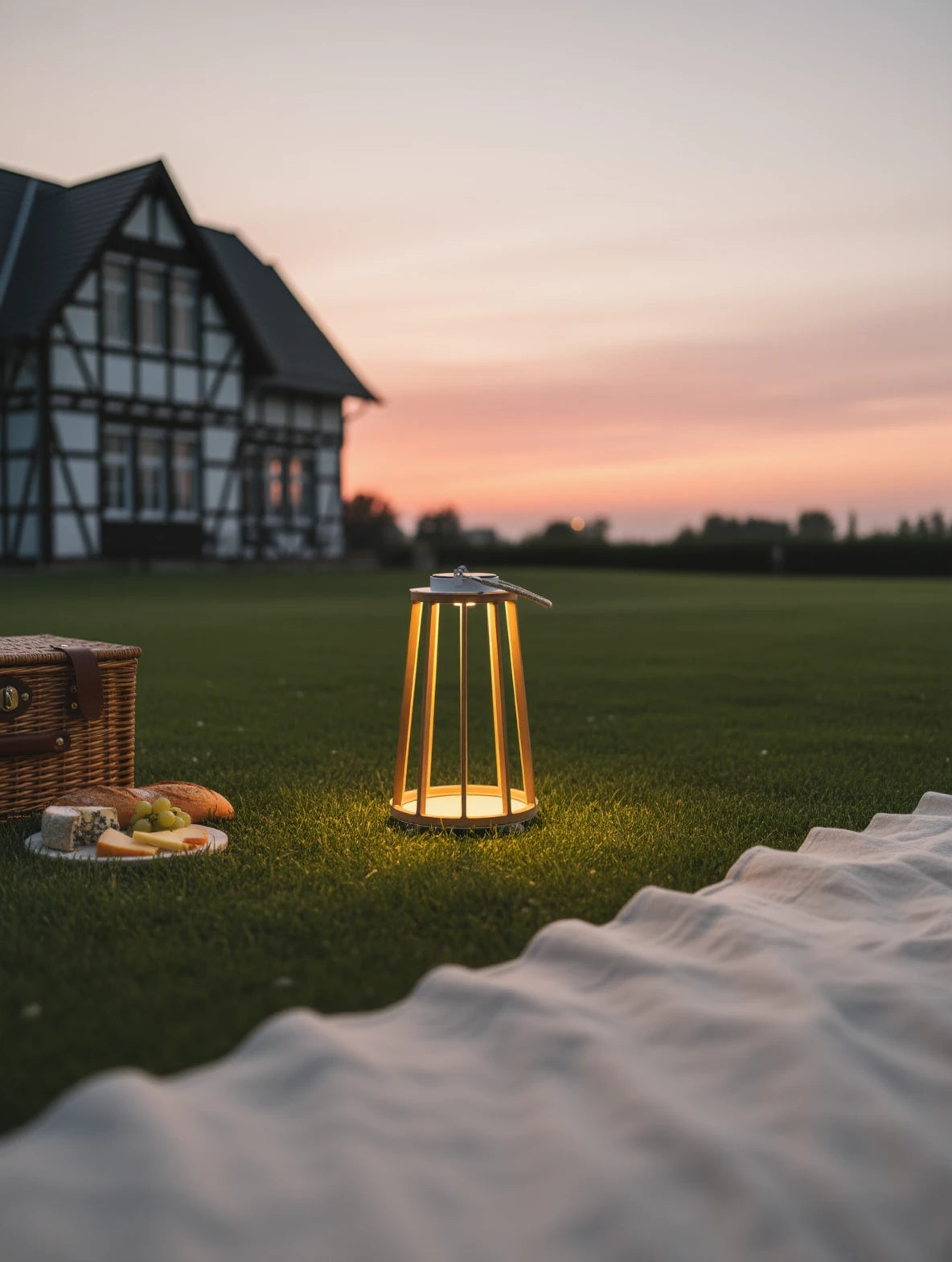 Solar Garten Lampe Aluminium Teakholzimitation strahlt sanft neben einem Picknickkorb auf einer Wiese vor einem Fachwerkhaus, schafft eine stimmungsvolle Atmosphäre im Garten bei Sonnenuntergang.