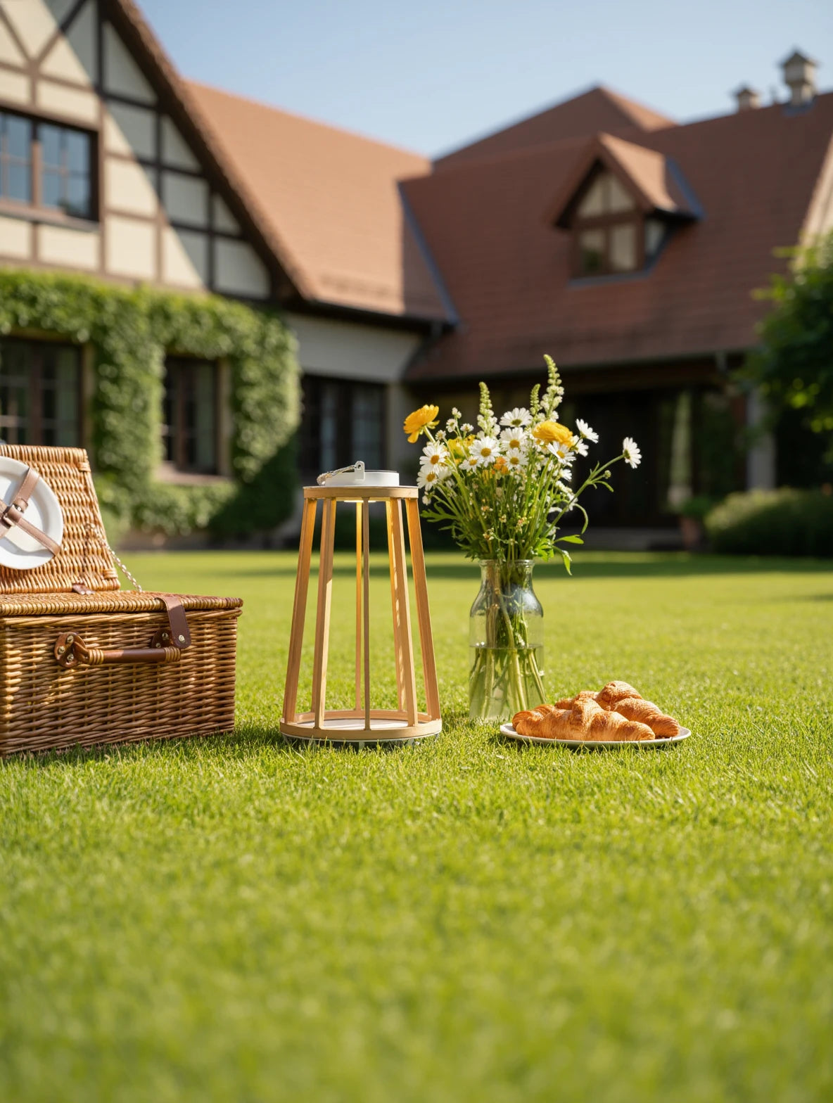 Solar Garten Lampe Aluminium Teakholzimitation steht elegant neben einem Picknickkorb auf einem grünen Rasen, umgeben von Blumen und Croissants, vor einem charmanten Fachwerkhaus.