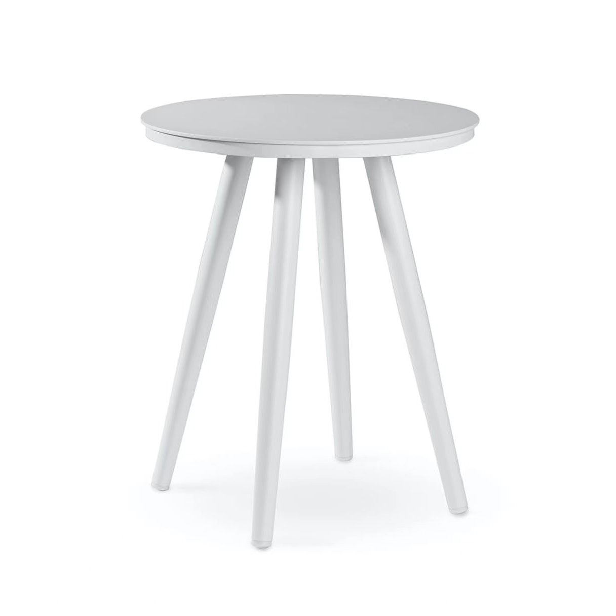 Finqa Prag Lounge Beistelltisch mit runder Tischplatte aus Aluminium-Pulverbeschichtung; kleiner, weißer Beistelltisch mit vier splayen, konischen Beinen, ideal für vielseitige Nutzung drinnen und draußen.