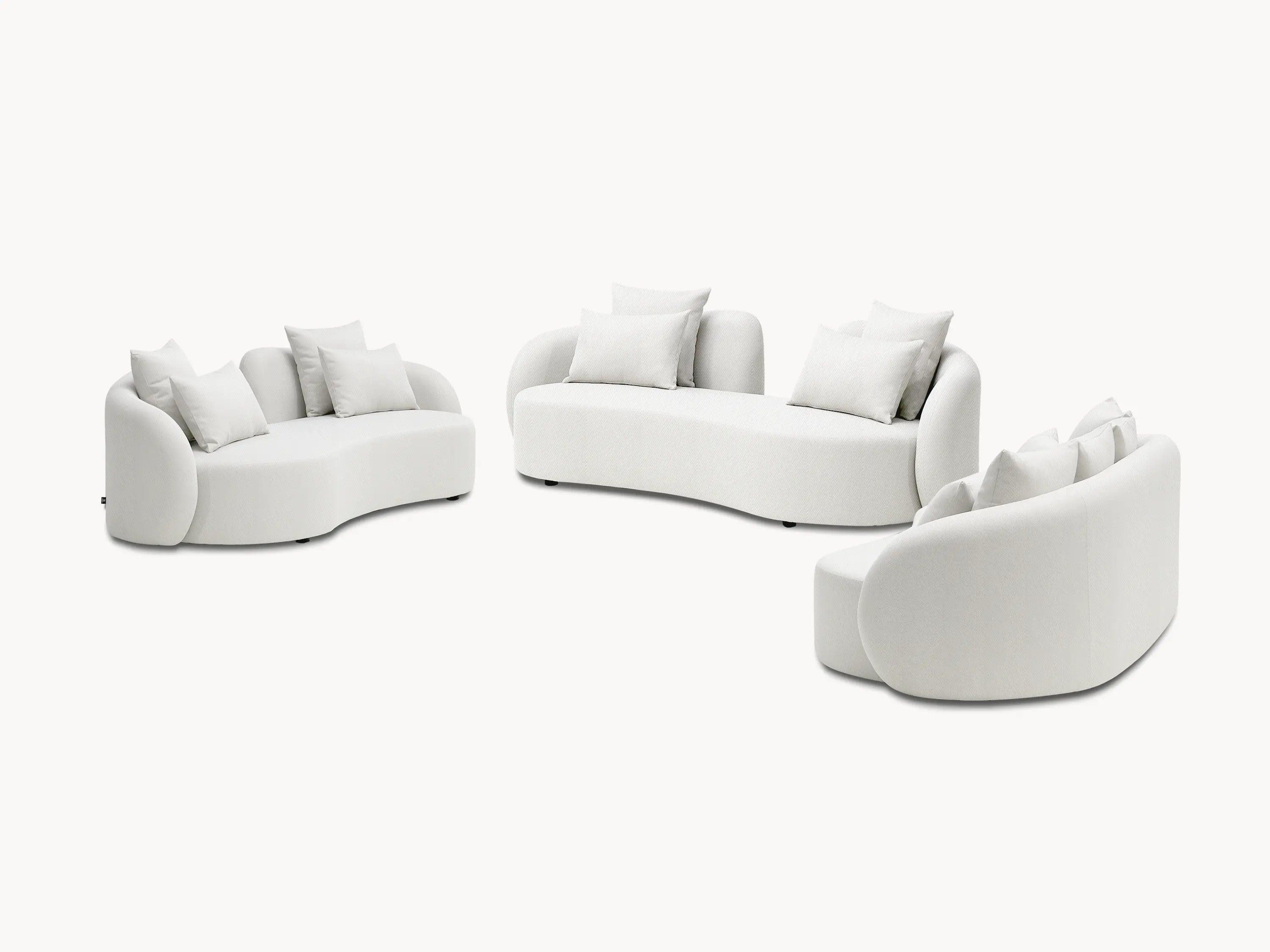 Santorini Garten Loungesofa Set (8-Sitzer), bestehend aus modularen weißen Sofas mit Kissen, inspiriert von mediterranem Stil. Flexibel anpassbar für verschiedene Außenbereiche, bietet Komfort und stilvolle Eleganz.