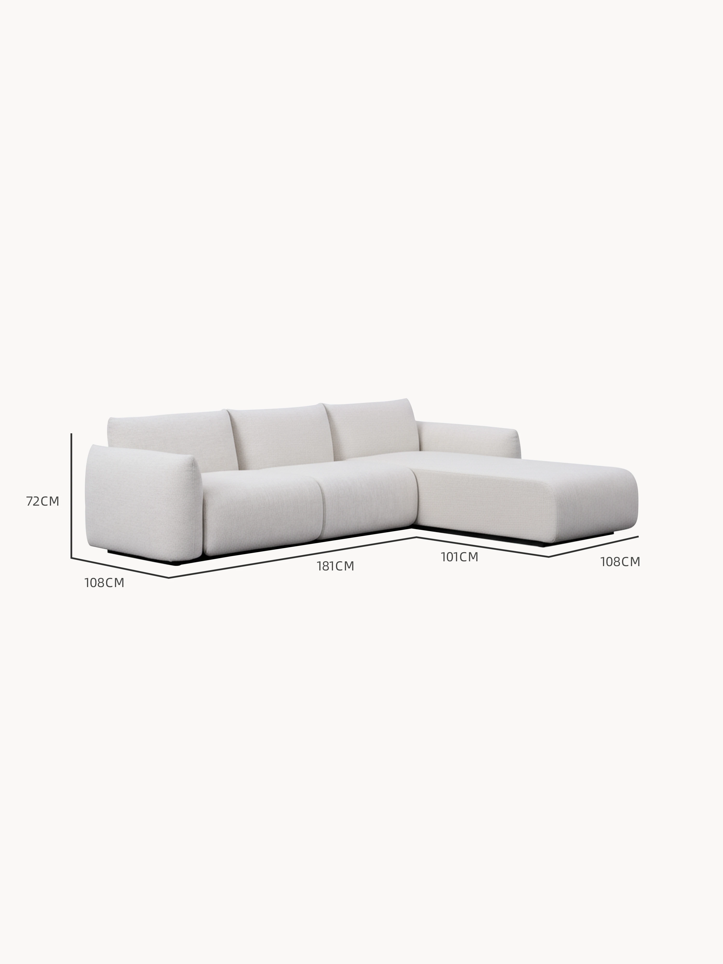 Babymax L-Lounge Set, 2er-Set: Modernes, niedriges L-förmiges Sofa mit hellgrauem Bezug, bestehend aus einem Dreisitzer und einer rechtsseitigen Chaiselongue. Maße: Höhe 72 cm, Tiefe 108 cm, Breite 181 cm, Chaiselongue 101 cm.