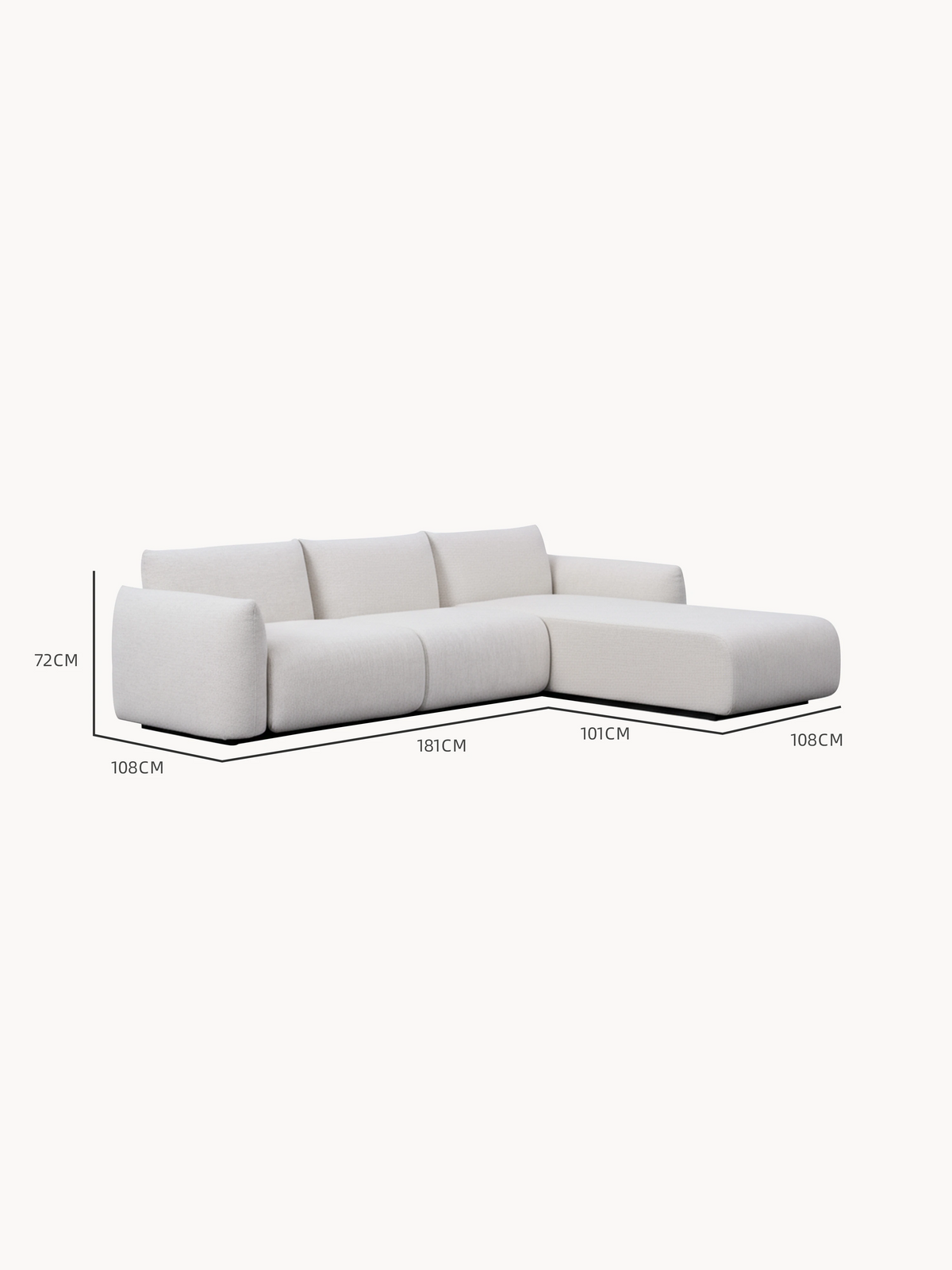 BabyMax L-Lounge Set: Modernes, niedriges L-förmiges Sofa mit den Maßen 72 cm Höhe, 181 cm Sitzlänge, 108 cm Tiefe des linken Abschnitts und 101 cm Chaiselounge-Tiefe, ideal für flexible, stilvolle Räume.