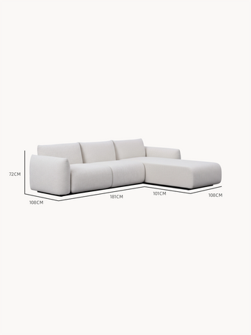 BabyMax L-Lounge Set: Modernes, niedriges L-förmiges Sofa mit den Maßen 72 cm Höhe, 181 cm Sitzlänge, 108 cm Tiefe des linken Abschnitts und 101 cm Chaiselounge-Tiefe, ideal für flexible, stilvolle Räume.