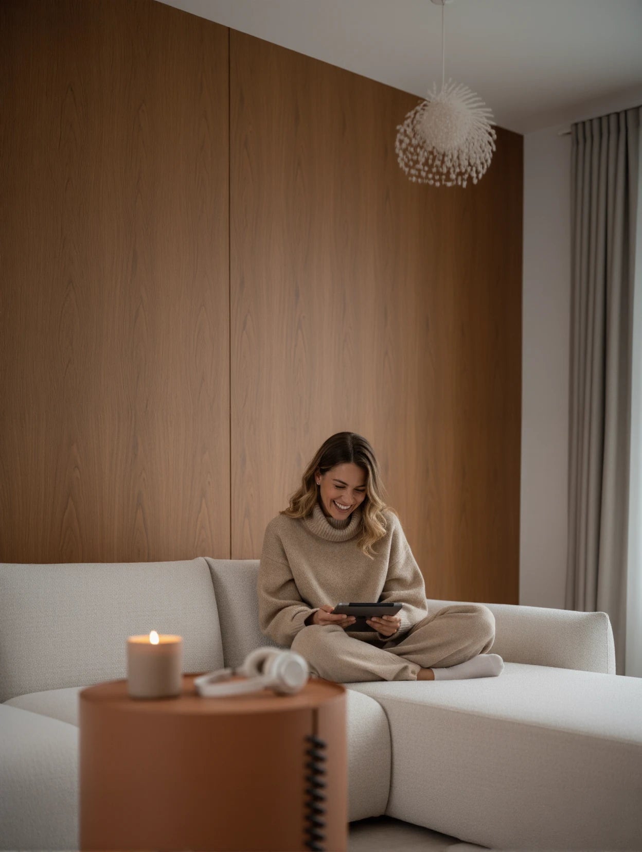 Eine Frau in einem Babymax L-Lounge Set sitzt auf einem cremefarbenen Sofa, lächelnd mit einem Tablet. Neben ihr steht ein Terrakotta-Beistelltisch mit einer Kerze und Kopfhörern.