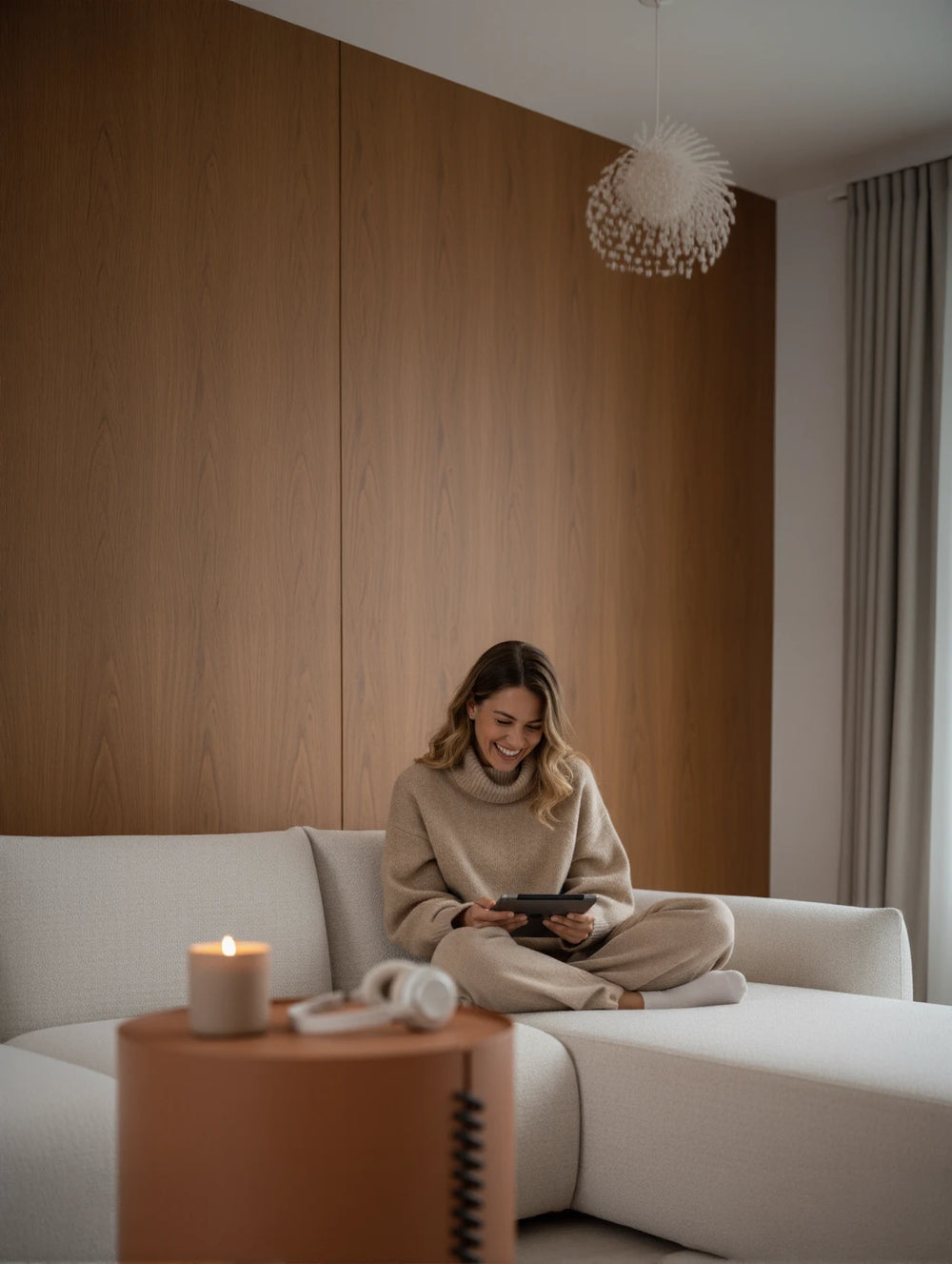 Gemütliche Szene mit dem BabyMax Einzelartikel Liege mit einer Armlehne, auf der eine Frau entspannt mit Tablet sitzt. Ein kleiner Tisch und Kopfhörer ergänzen das minimalistische Ambiente von Finqa GmbH.