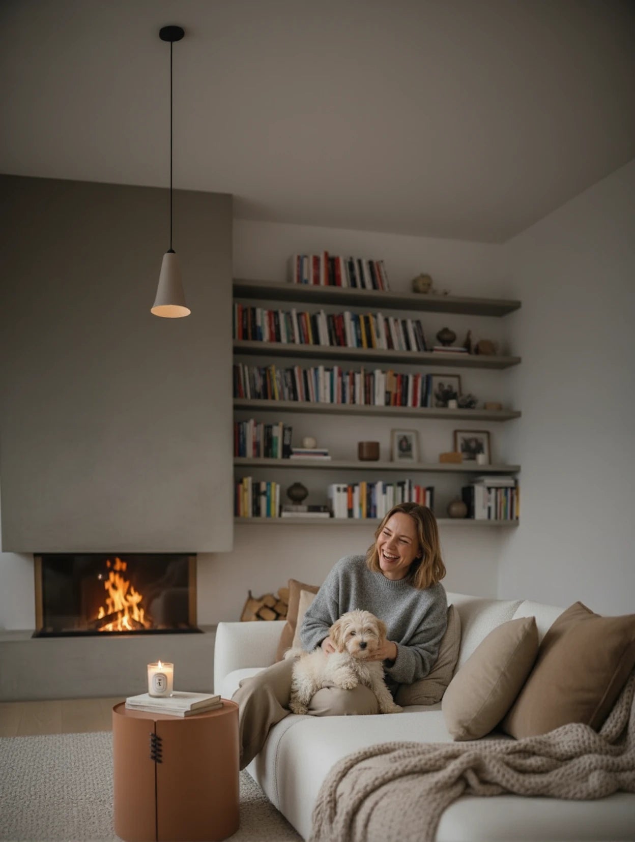 Eine Frau sitzt auf dem Babymax L-Lounge Set, 2er-Set, einem stilvollen Sofa mit neutralen Kissen und Strickdecke. Das moderne Wohnzimmer bietet eine gemütliche Atmosphäre mit Kamin und dekorativem Tisch.