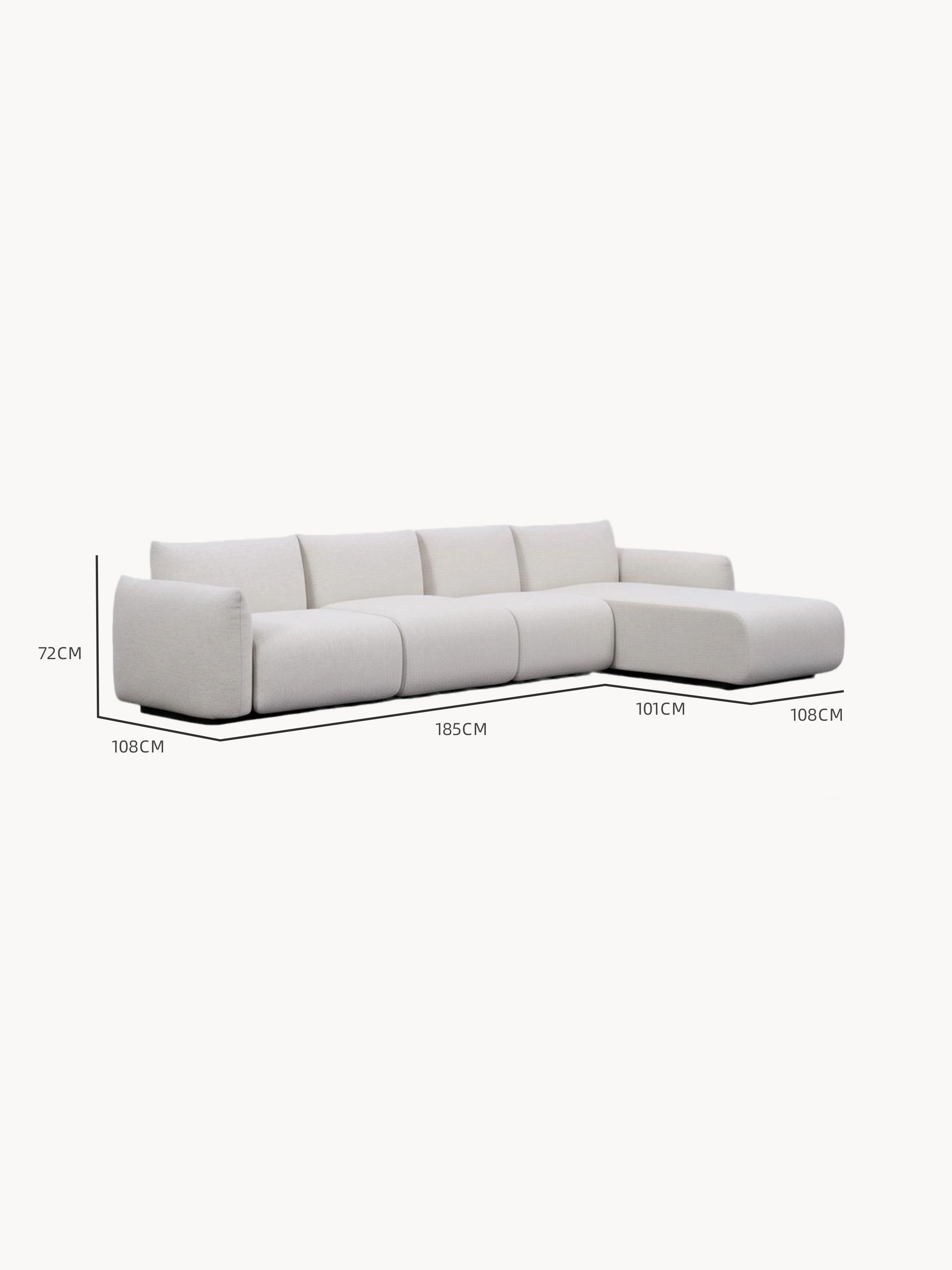 Der Babymax L-Lounge Set, 3er-Set zeigt ein modernes, niedriges L-förmiges Sofa. Schlüsselmaße: Gesamthöhe 72 cm, Sitztiefe 108 cm, Hauptsection 185 cm, Chaiselongue Verlängerung 101 cm.