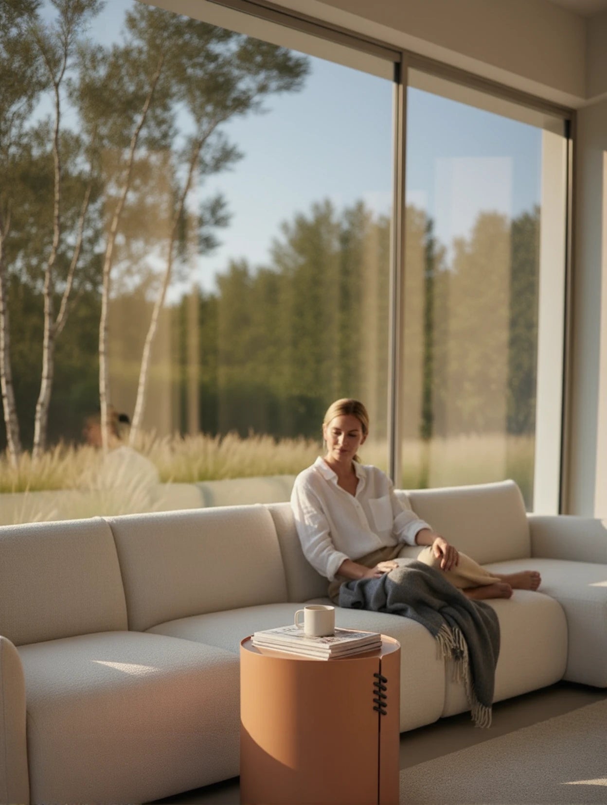 Eine Frau sitzt auf dem Babymax L-Lounge Set, 3er-Set, einem eleganten, geschwungenen Sofa im hellen Wohnzimmer. Daneben ein Tisch mit Magazinen und Tasse, eingerahmt von natürlichem Licht und einem grünen Ausblick.